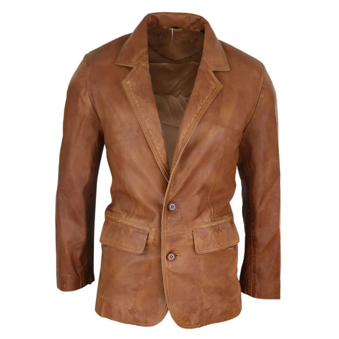 Infinity Leather Men's Brown Regular Fit Classic Leather 2 Button Tan Blazer Jacket - 5XL