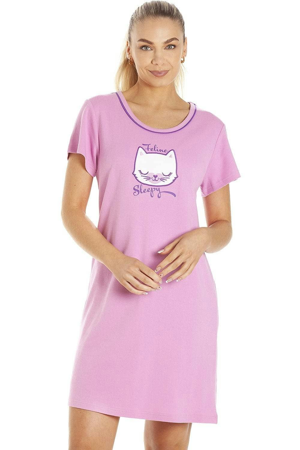 Camille Women's Lilac Short Sleeve Pug & Cat Nightdresses - 12-14