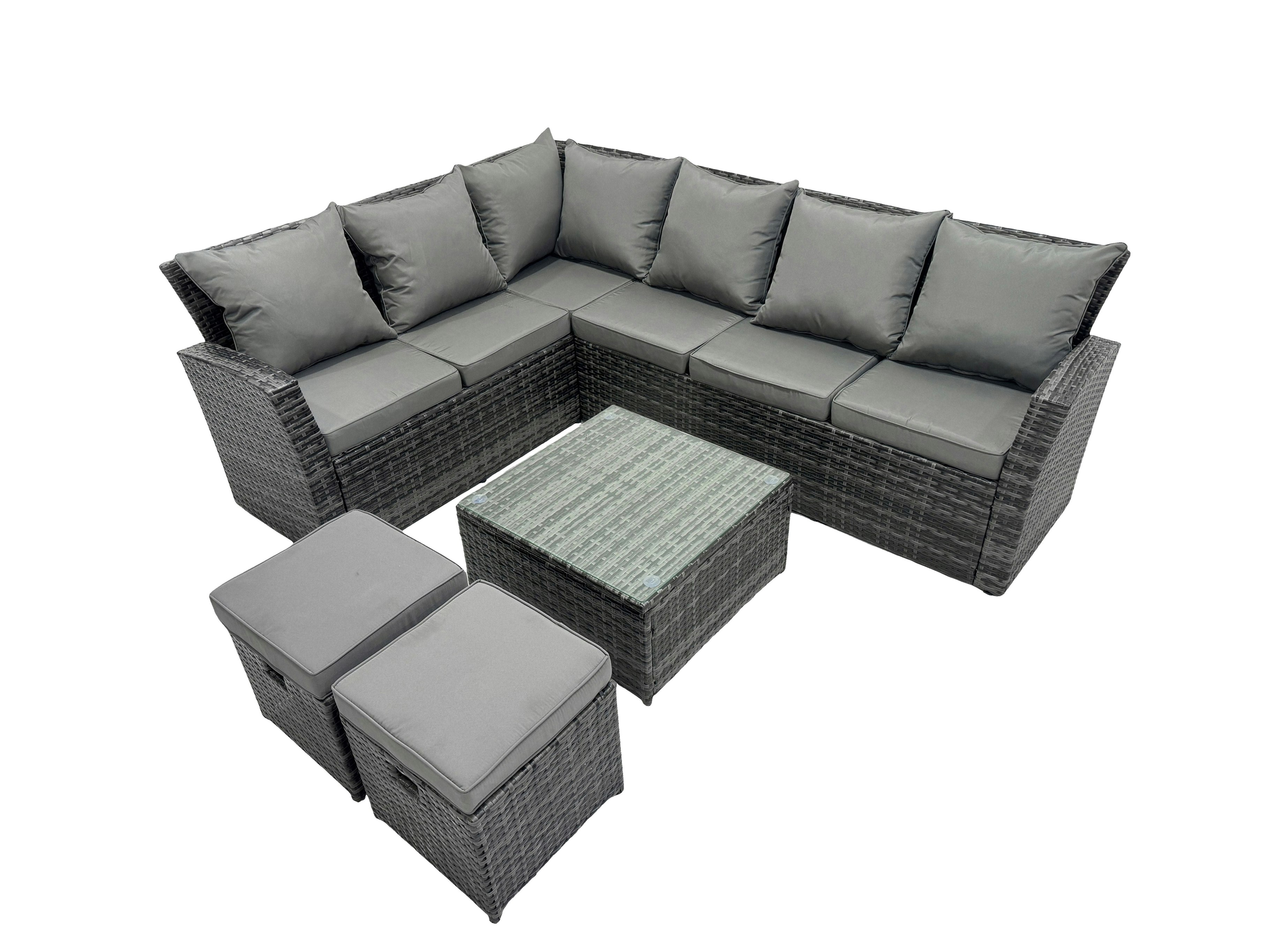 Fimous Dark/Grey 8 Seater High Back Rattan Garden Furniture Set Corner Sofa With Square Coffee Table Footstool