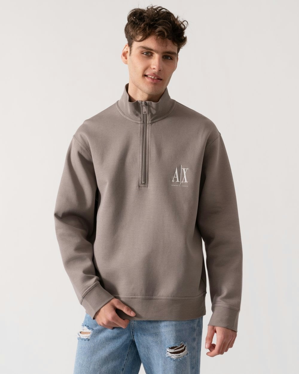 Armani Exchange Men's Embroidered A|X Logo 1/4 Zip Sweatshirt - Driftwood U6107 - Driftwood U6107 - L