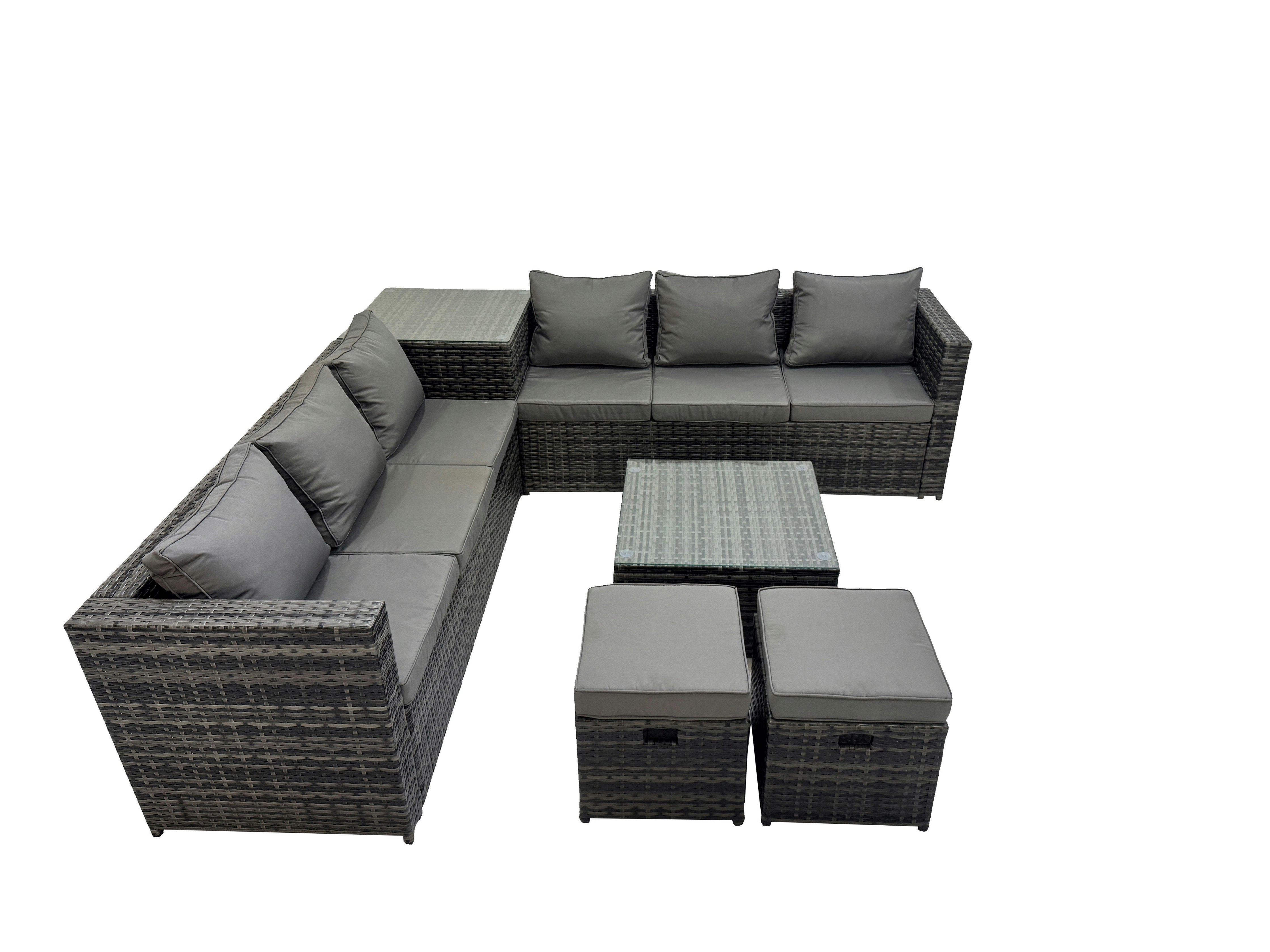 Fimous Dark/Grey 8 Seater Garden Outdoor Rattan Furniture Set Patio Corner Sofa Coffee Table With 2 Small Stools