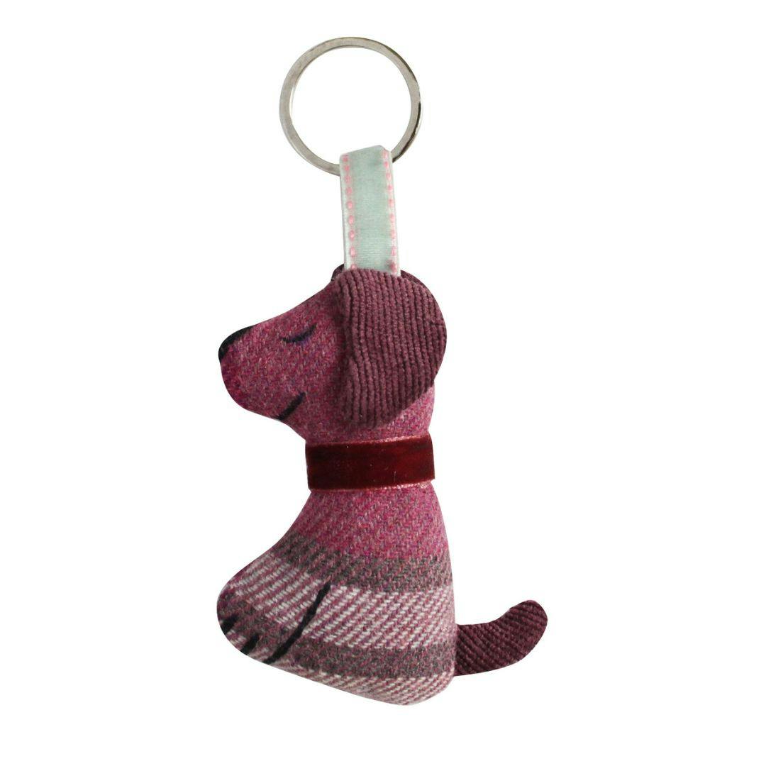 Earth Squared Tartan Tweed Dog Keyring - Raspberry