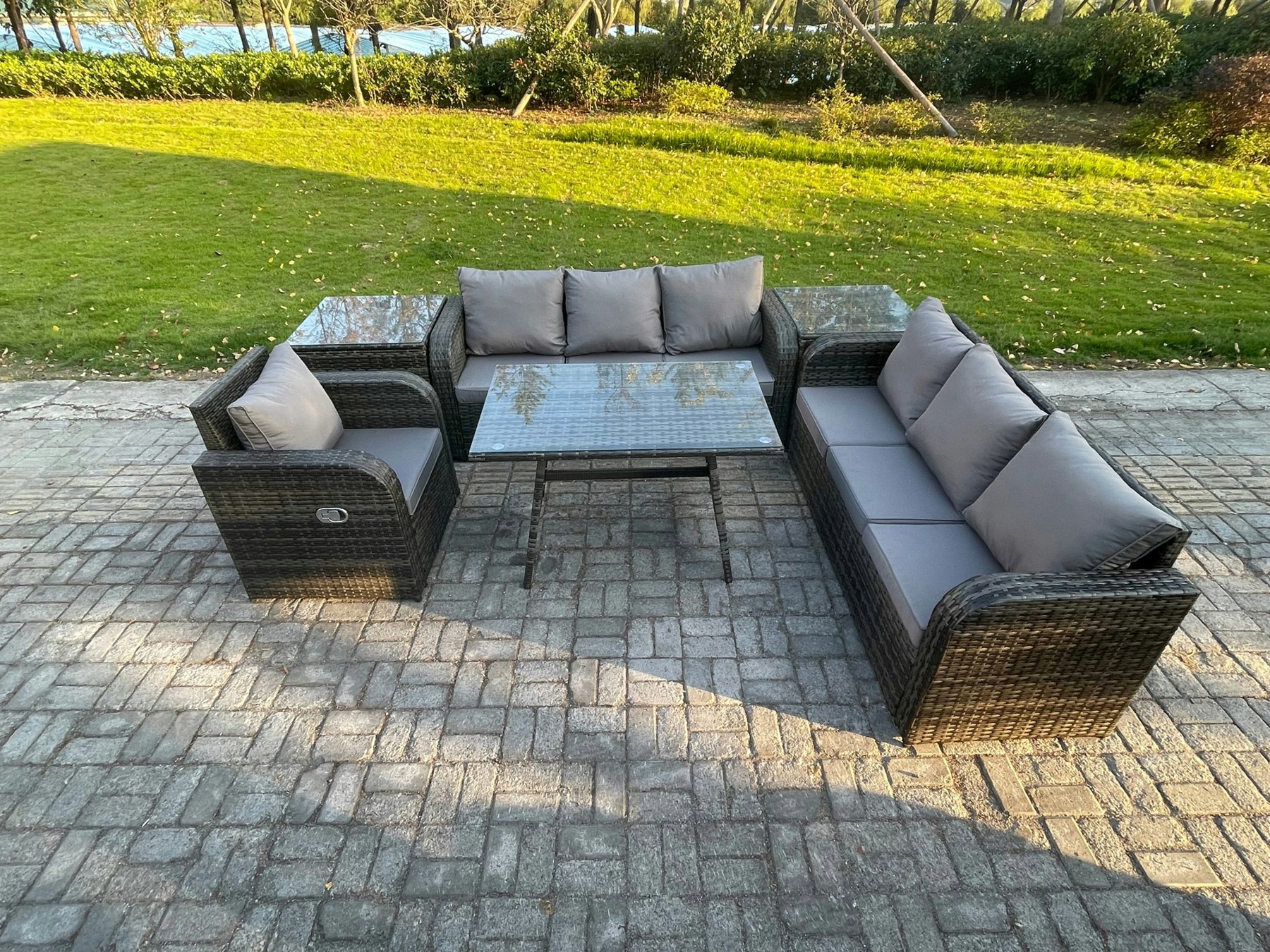 Rackhams Dark/Grey Outdoor Lounge Sofa Set Wicker Pe Rattan Garden Furniture Set With Rectangular Dining Table Reclining Chair 2 Side Tables Mixed