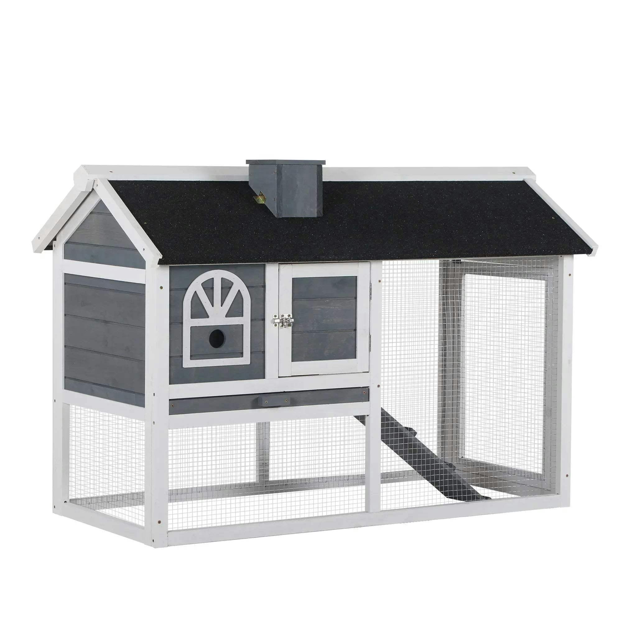 PAWHUT Rabbit Hutch & Run Guinea Pig Hutch Wooden Bunny Cage Asphalt Roof in Grey - Image 5