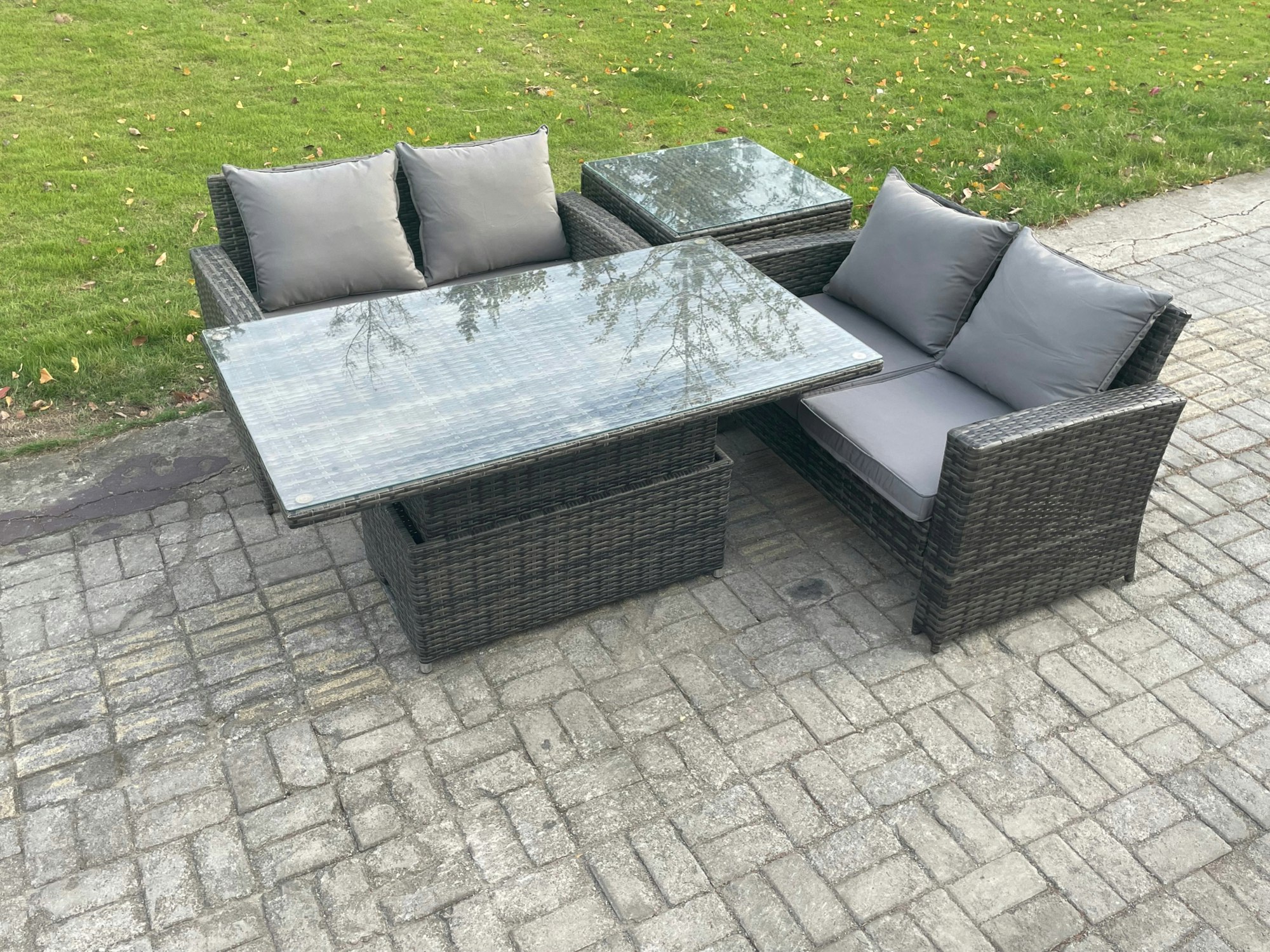 Fimous Dark/Grey 4-Piece Poly Rattan Garden Furniture Set - Mixed Outdoor Patio Rising Lifting Table Dining Set