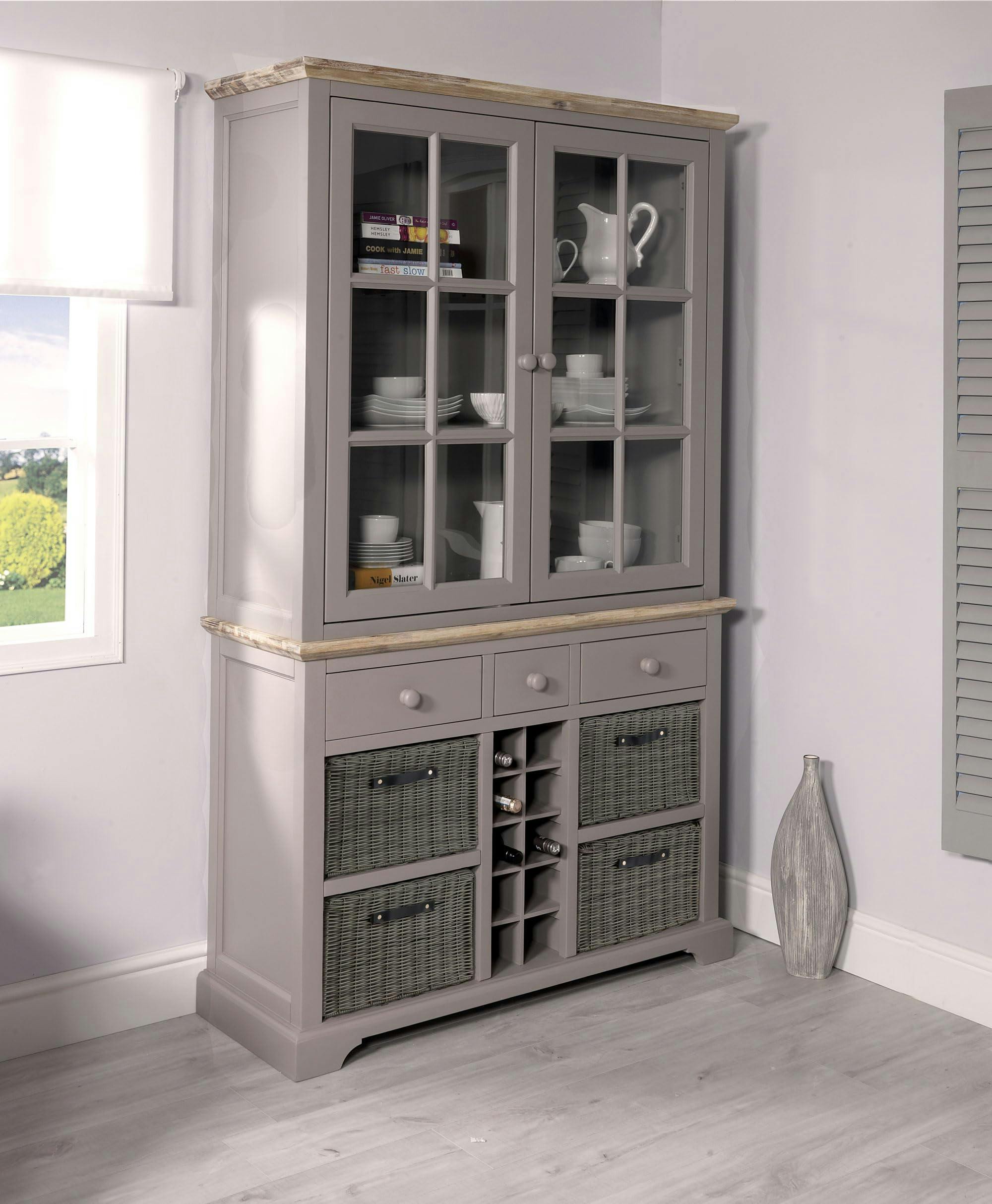 Rackhams Grey Florence Display Cabinet With Wine Rack, Drawers And Baskets - Dove