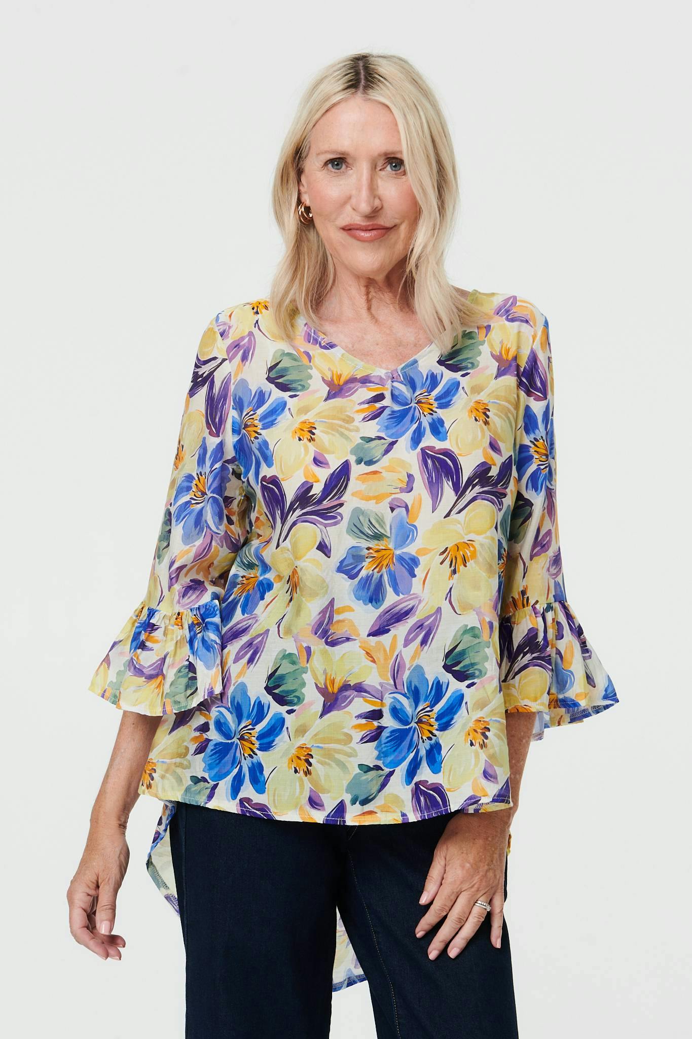 Izabel London Blue Floral Flare 3/4 Sleeve Relaxed Blouse - 14
