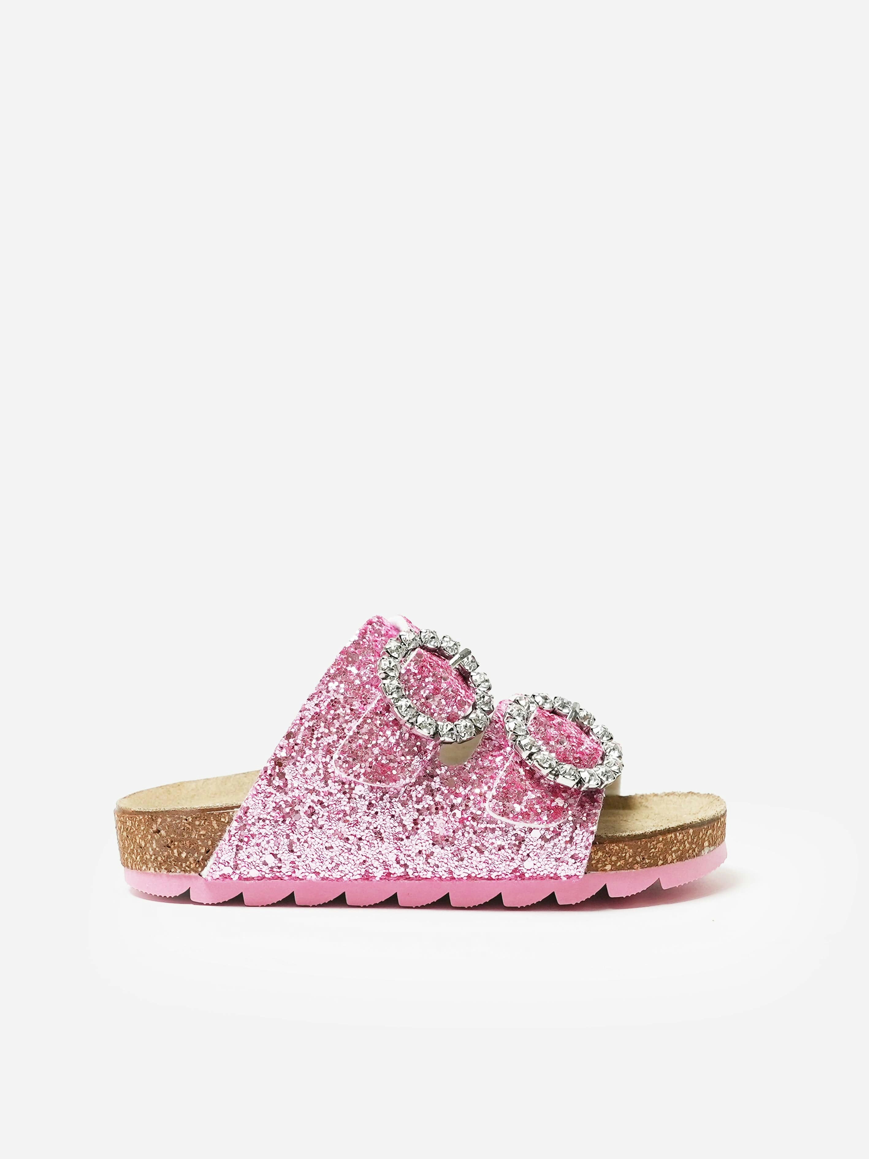 Monnalisa Girls Pink Jewel Buckle Glitter Sandals In - Eu 37 Uk 4