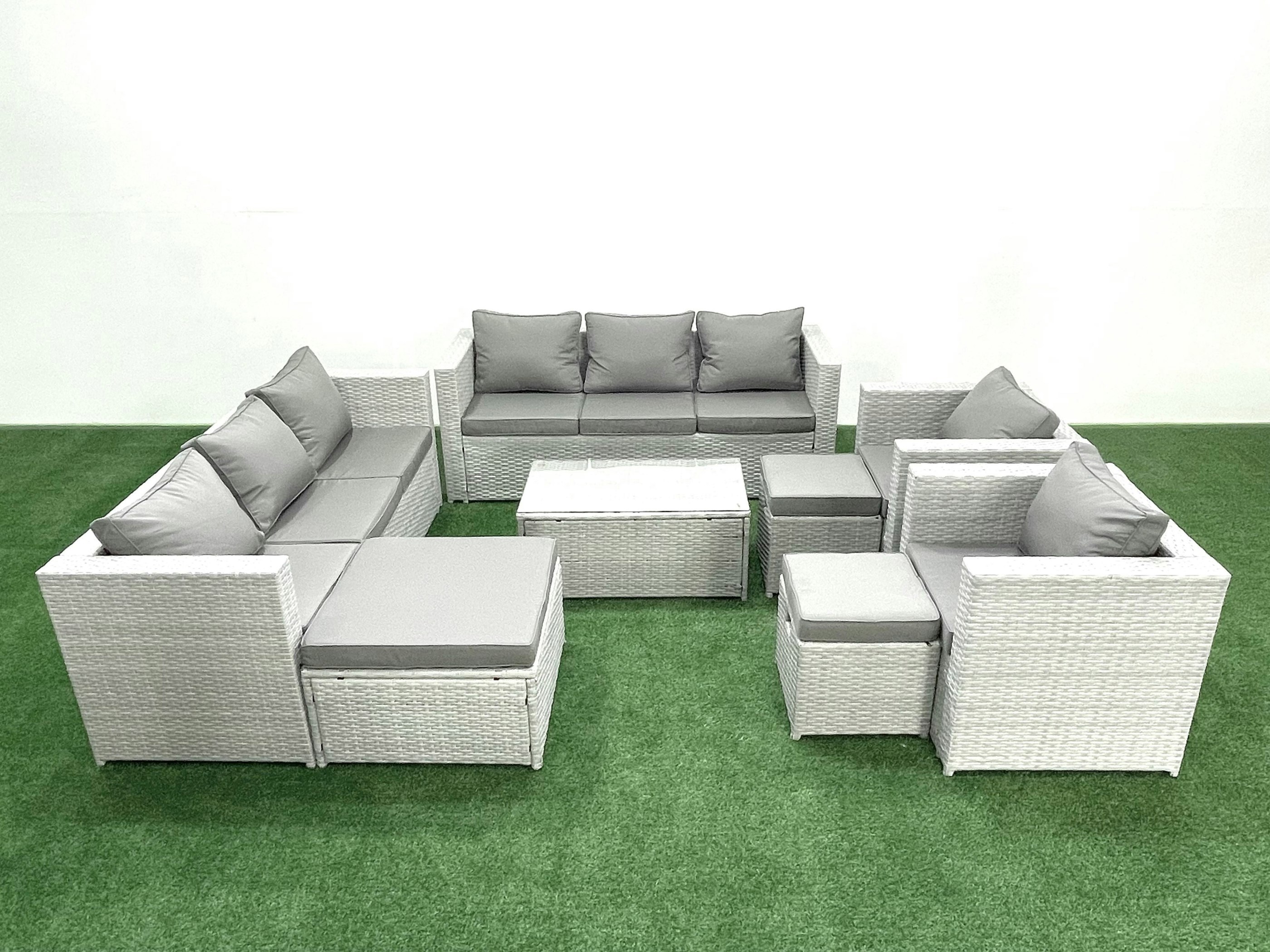 Rackhams Light/Grey Outdoor Rattan Sofa Garden Furniture Set With 2 Armchairs Oblong Coffee Table 3 Footstools Mixed