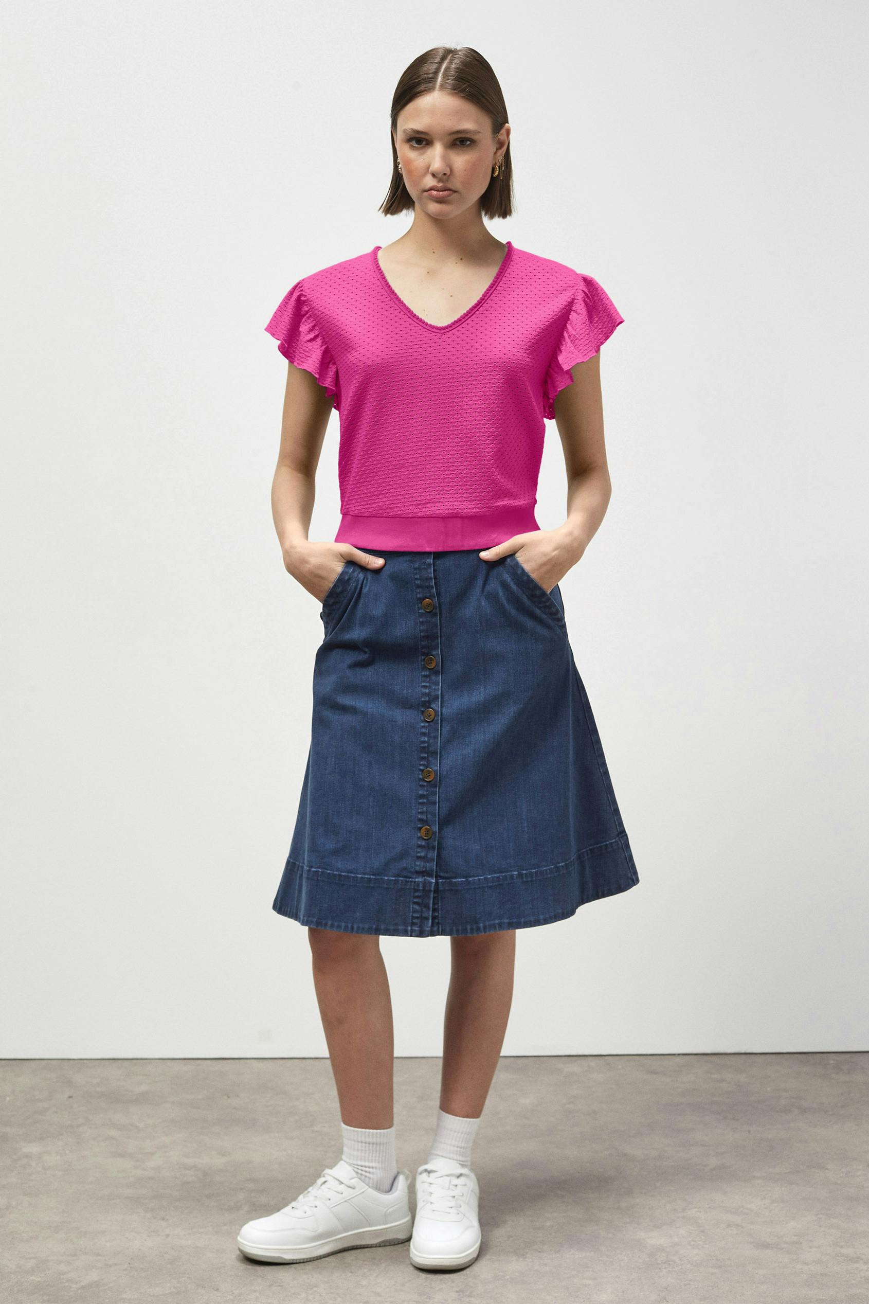 Enorsia Women's Pink ’S Frill Sleeve T-Shirt - 16