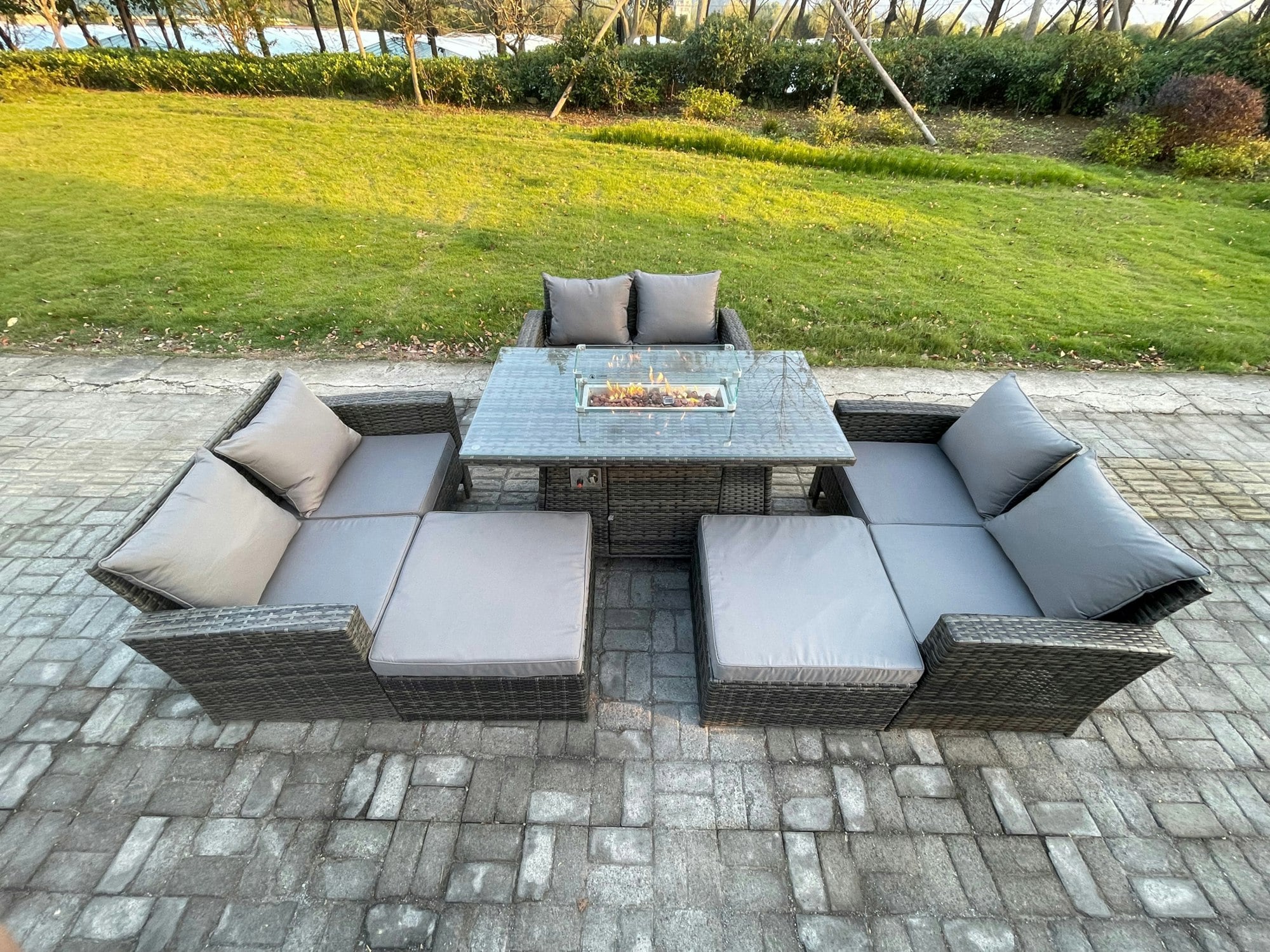 Fimous Rattan Garden Furniture Set Outdoor Lounge Sofa Chair Gas Fire Pit Dining Table Set With 2 Big Footstool Double Seat Sofa Armchiar