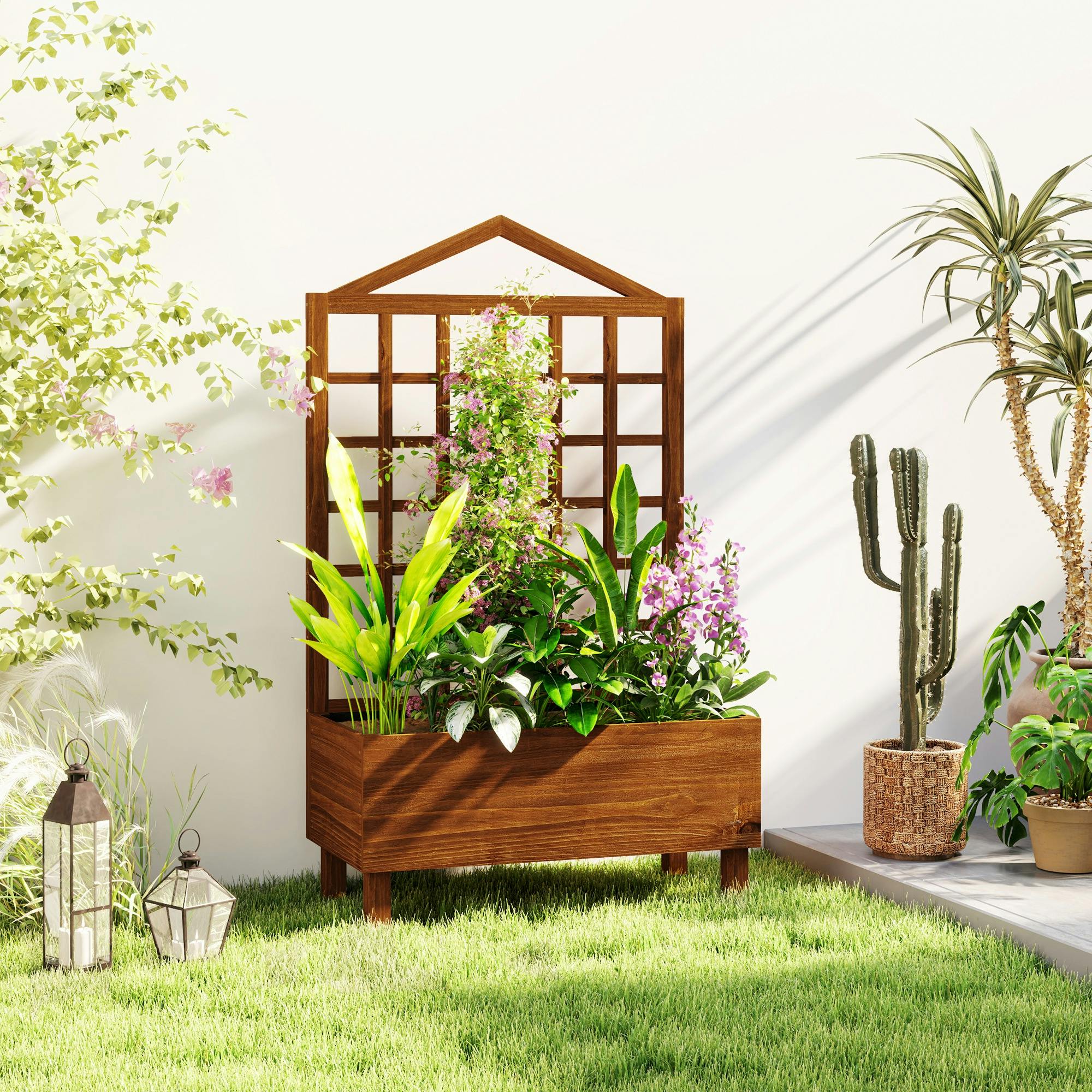 Rackhams Brown Wooden Garden Planters With Trellis For Vine Climbing Plants