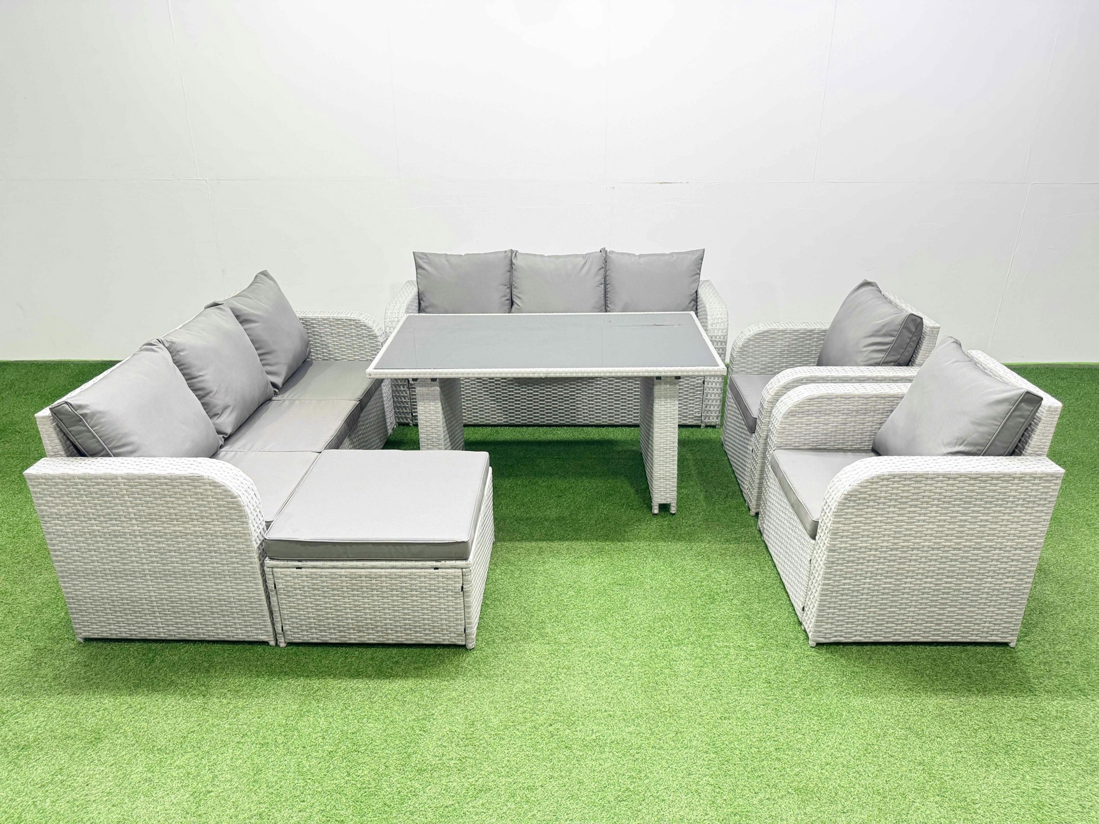 Rackhams Light/Grey 9 Seater Wicker Pe Rattan Furniture Outdoor Dining Table 3 Seater Sofa Reclining Chair Set With Big Stool