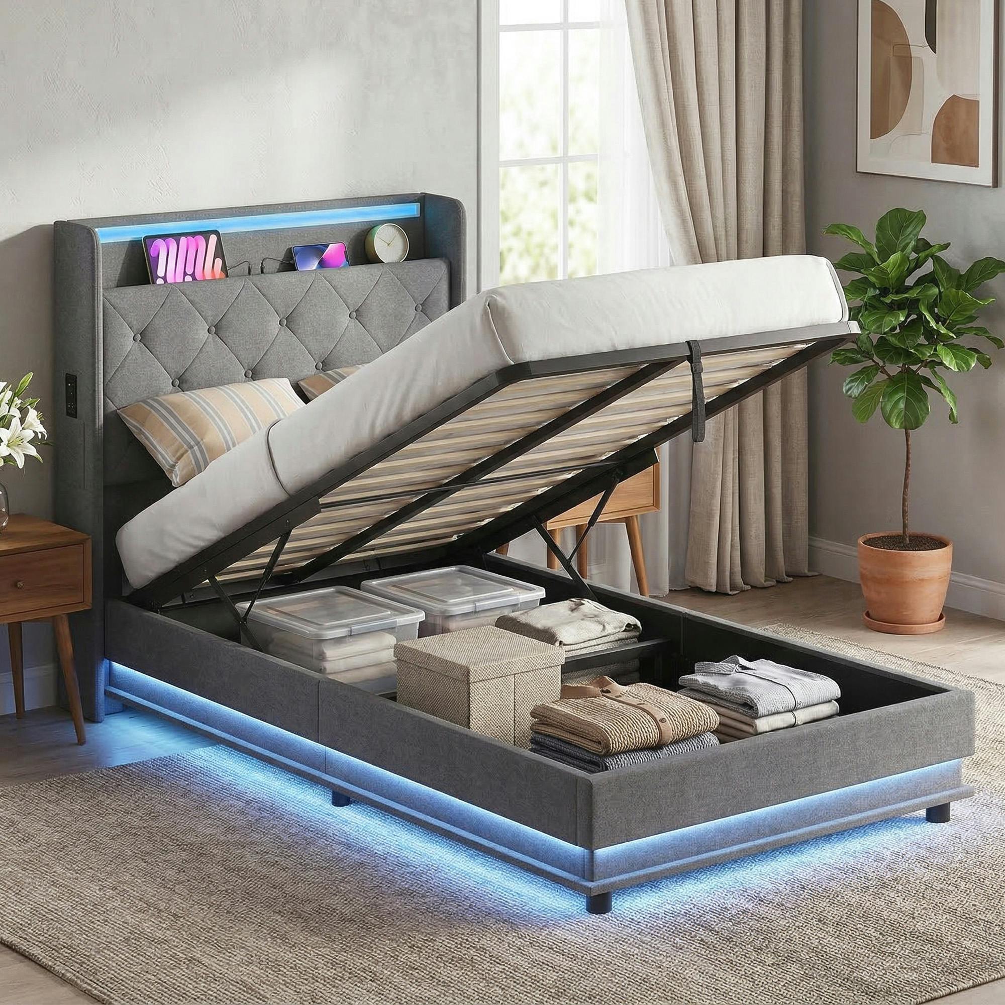 Rackhams Dark/Grey Lift Up Storage Bed Frame With Rgb Led Lights, - Single