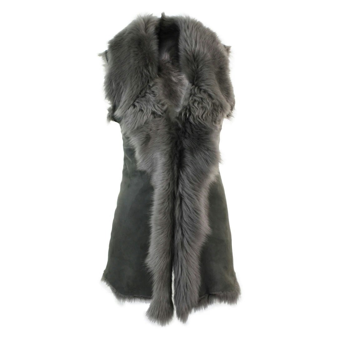 Infinity Leather Women's Grey Leather Company Spanish Toscana Shearling Sheepskin Leather Waistcoat - Large