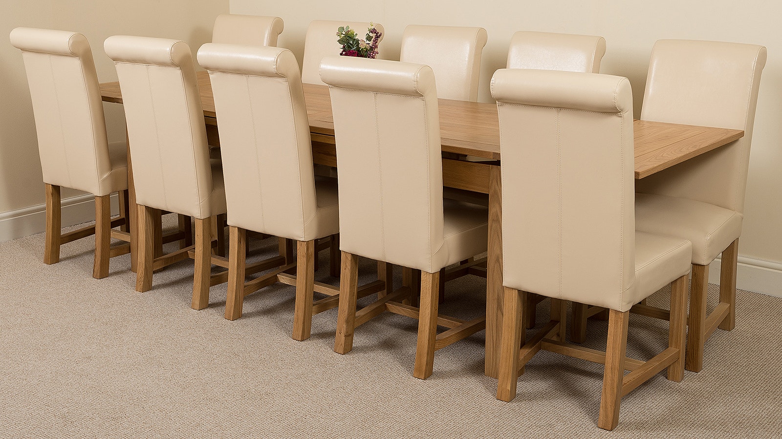 Rackhams Ivory Richmond Oak Extending Dining Table With Washington Leather Chairs - 10 Chairs Large