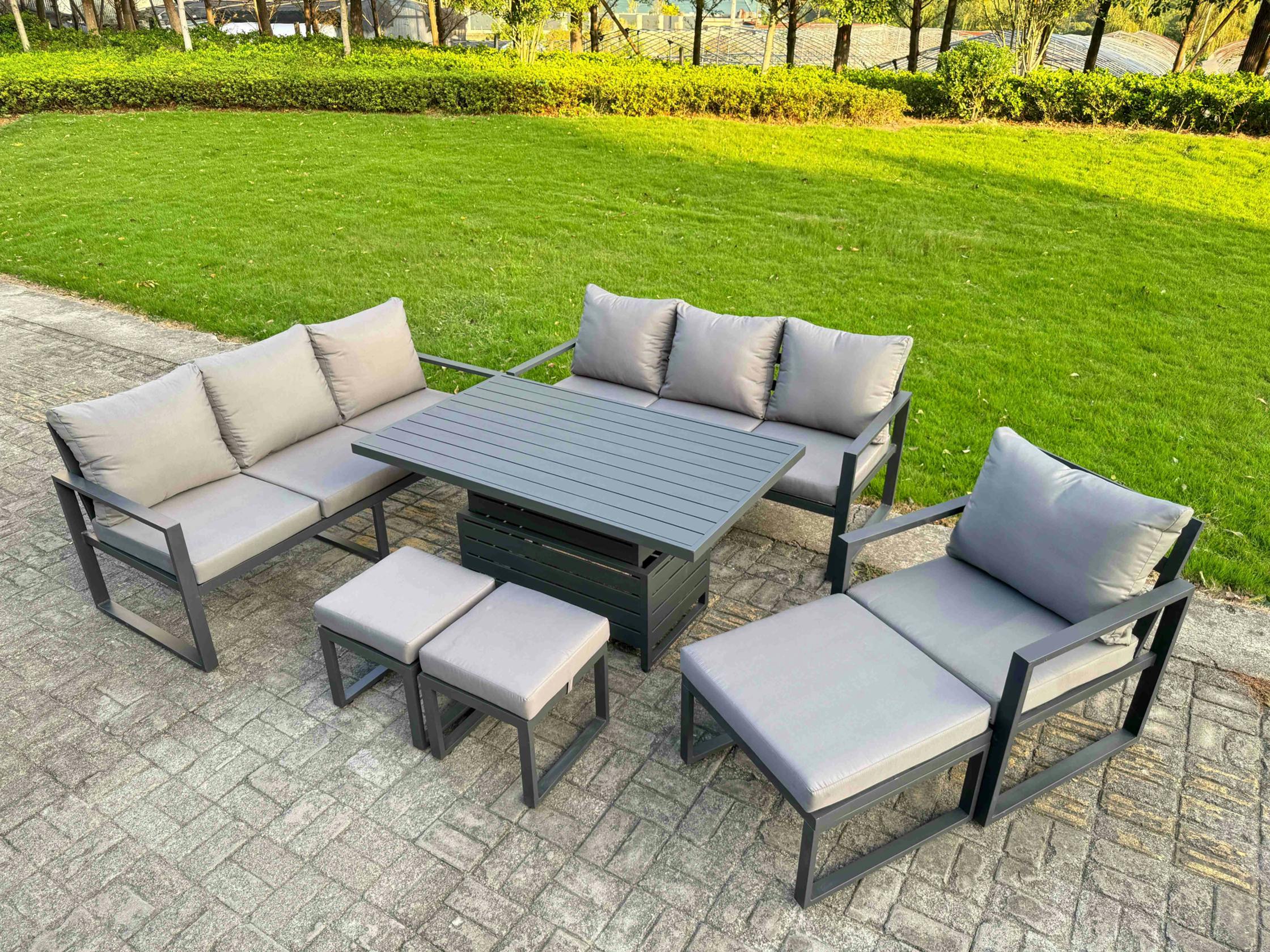 Rackhams Dark/Grey 10 Seater Aluminium Furniture Set With Adjustable Rising Dining Table, 3 Footstools