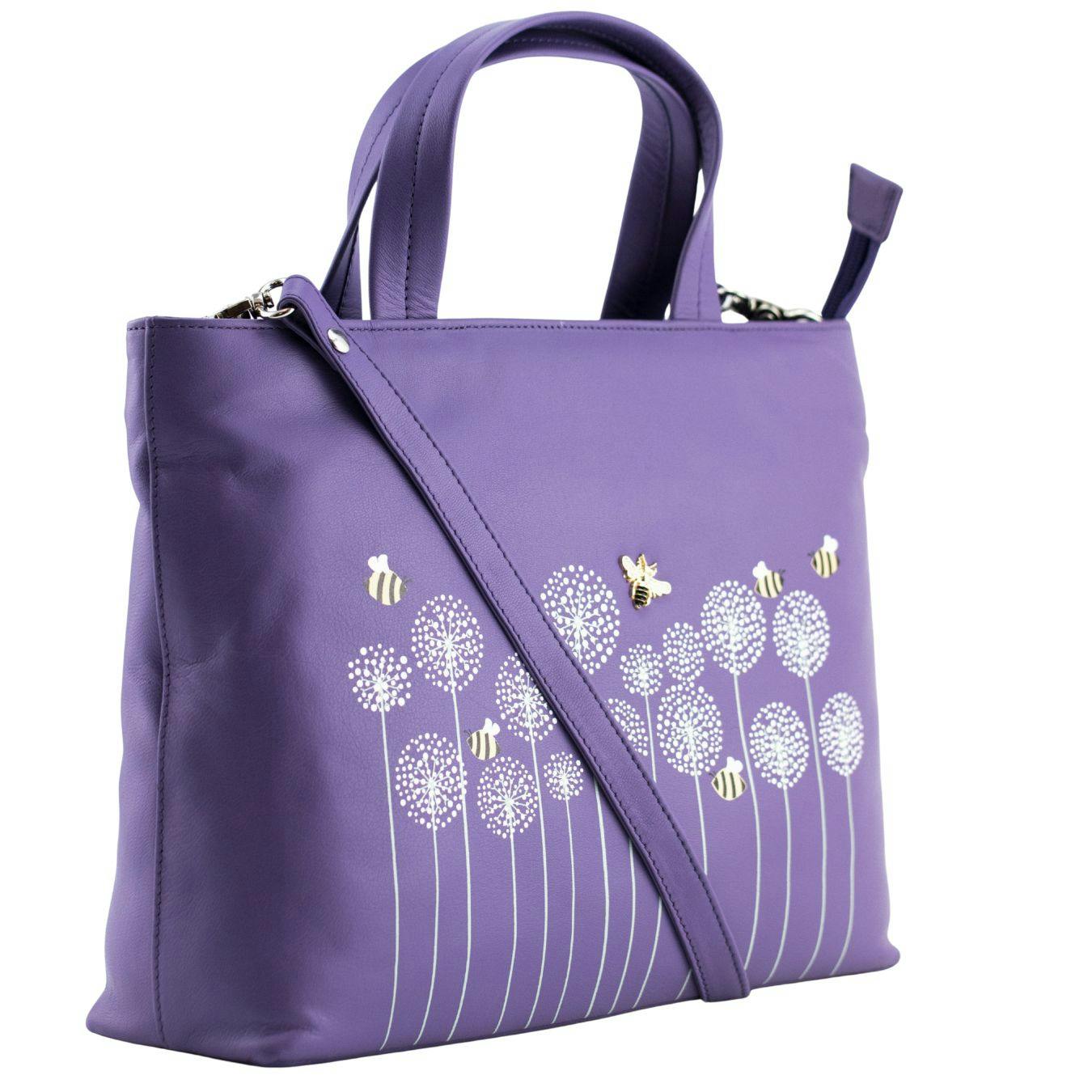 Mala Leather Purple Moonflower Bee & Flowers Multiway Leather Grab Bag