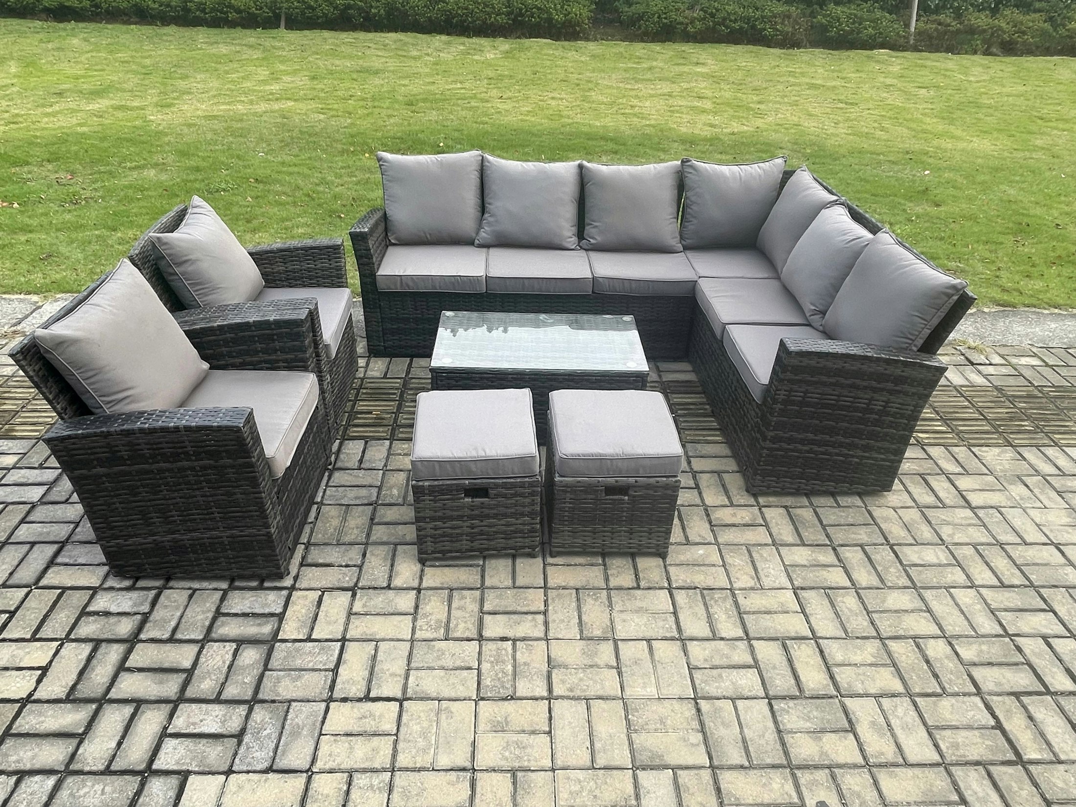 Fimous Dark/Grey 10-Seater Rattan High Back Corner Sofa Set | Outdoor, Rectangular Coffee Table, Armchairs, 2 Footstools