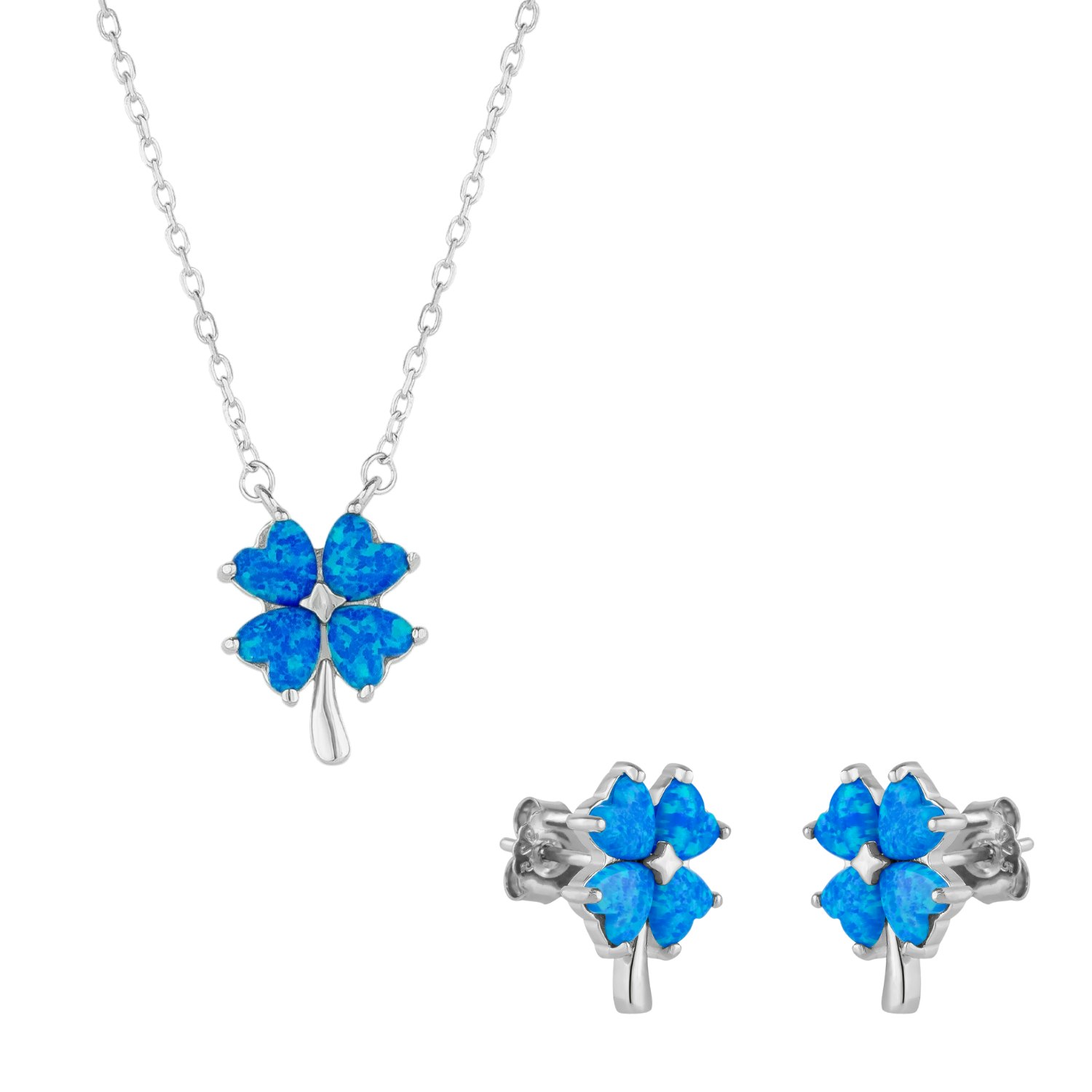 Spero London Blue/Silver Opal Four Leaf Clover Sterling Necklace & Earring Set