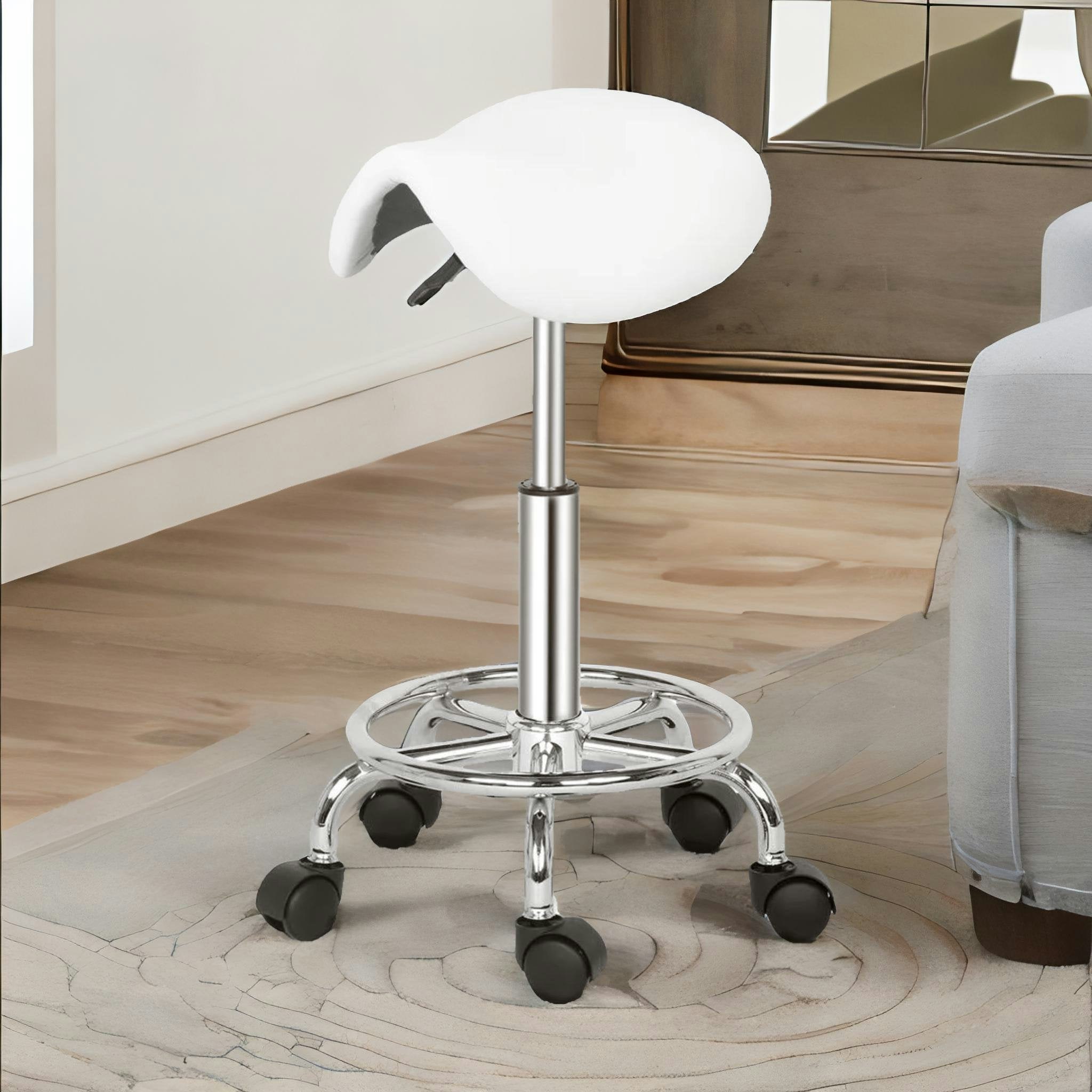 Rafaelo Mobilia White Saddle Salon Stool Chair With Adjustable Height And 360 Swivel