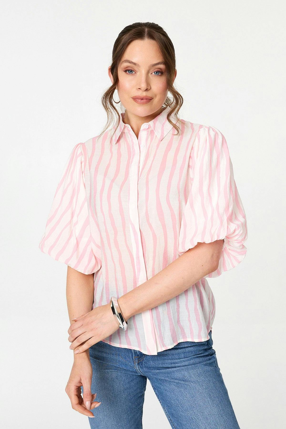 Izabel London Pink Striped 3/4 Puff Sleeve Shirt - 16