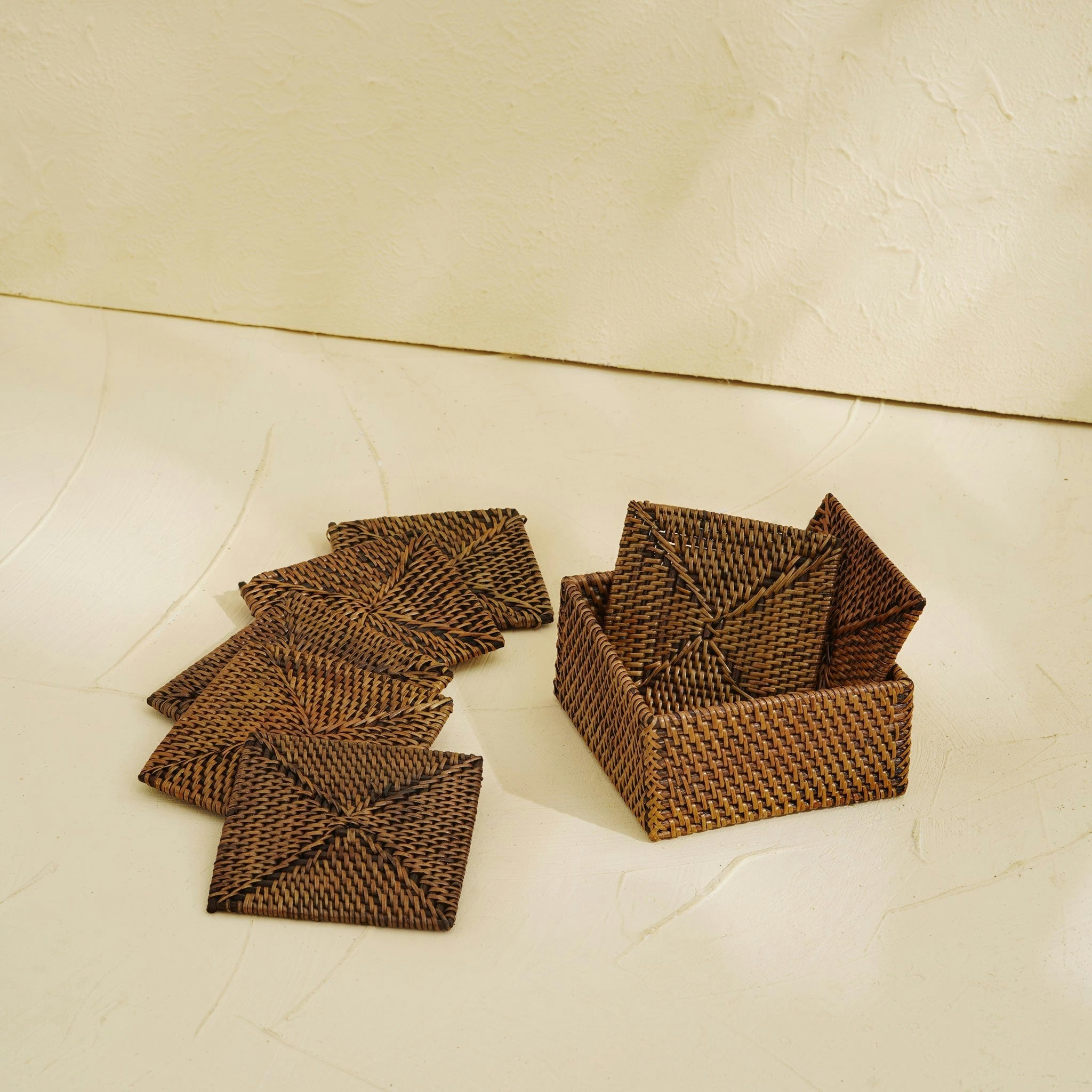 Coastal Villa Homeware Dark/Brown Square Rattan Coaster Set With Holder - Set 8