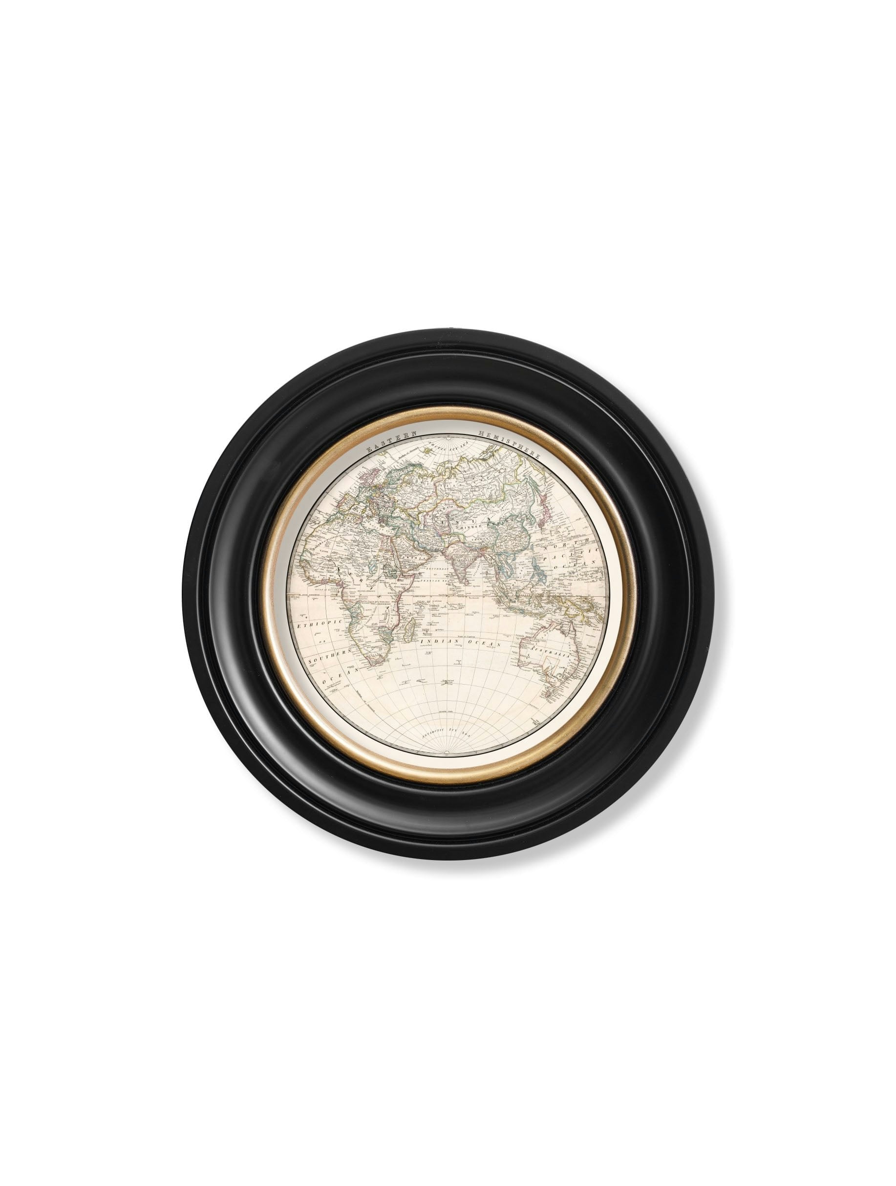 Rackhams Black C.1838 World Map Hemispheres In Round Frames - 44 X44cm - Eastern Hemisphere