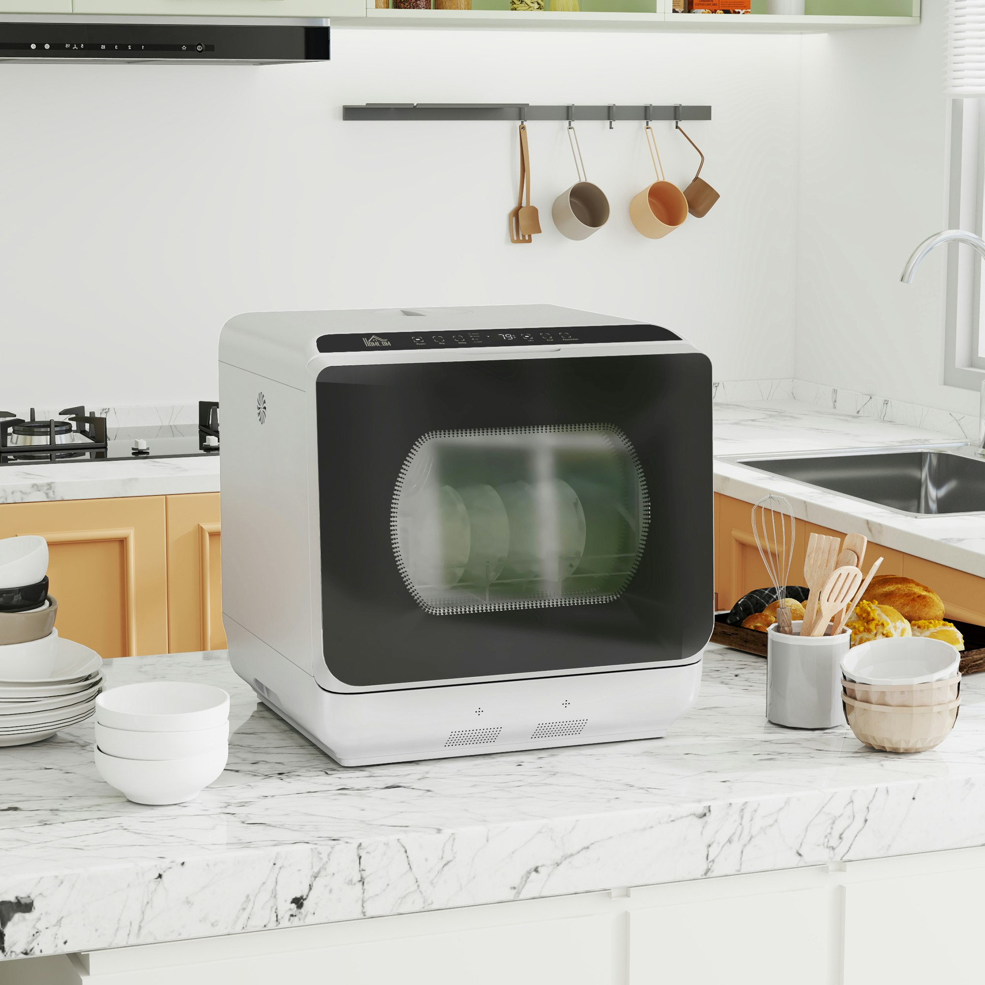 Homcom Silver Worktop Dishwasher W/ 4 Place Settings 6 Programs - 45W X 44D X 45.8Hcm