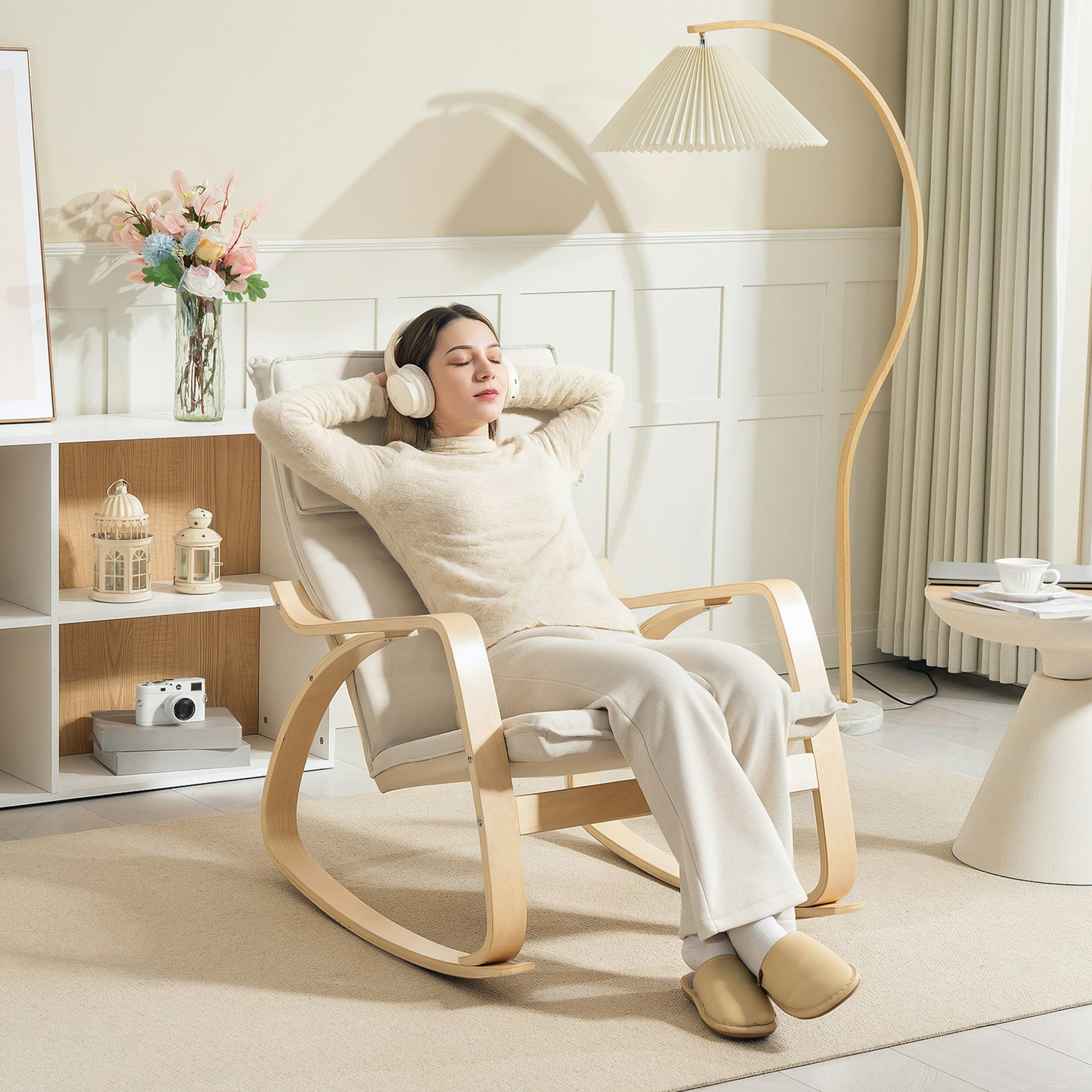 Rackhams Cream/White Comfortable Relax Rocking Chair With High Back, - Rocking Chair - 67W X 92D X 89H Cm - Linen, Foam, Plywood, Steel