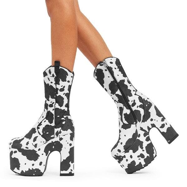 Lamoda Women's Cowbell ’S Chunky Platform Calf Boots Bold Cowprint Fashion - Uk8