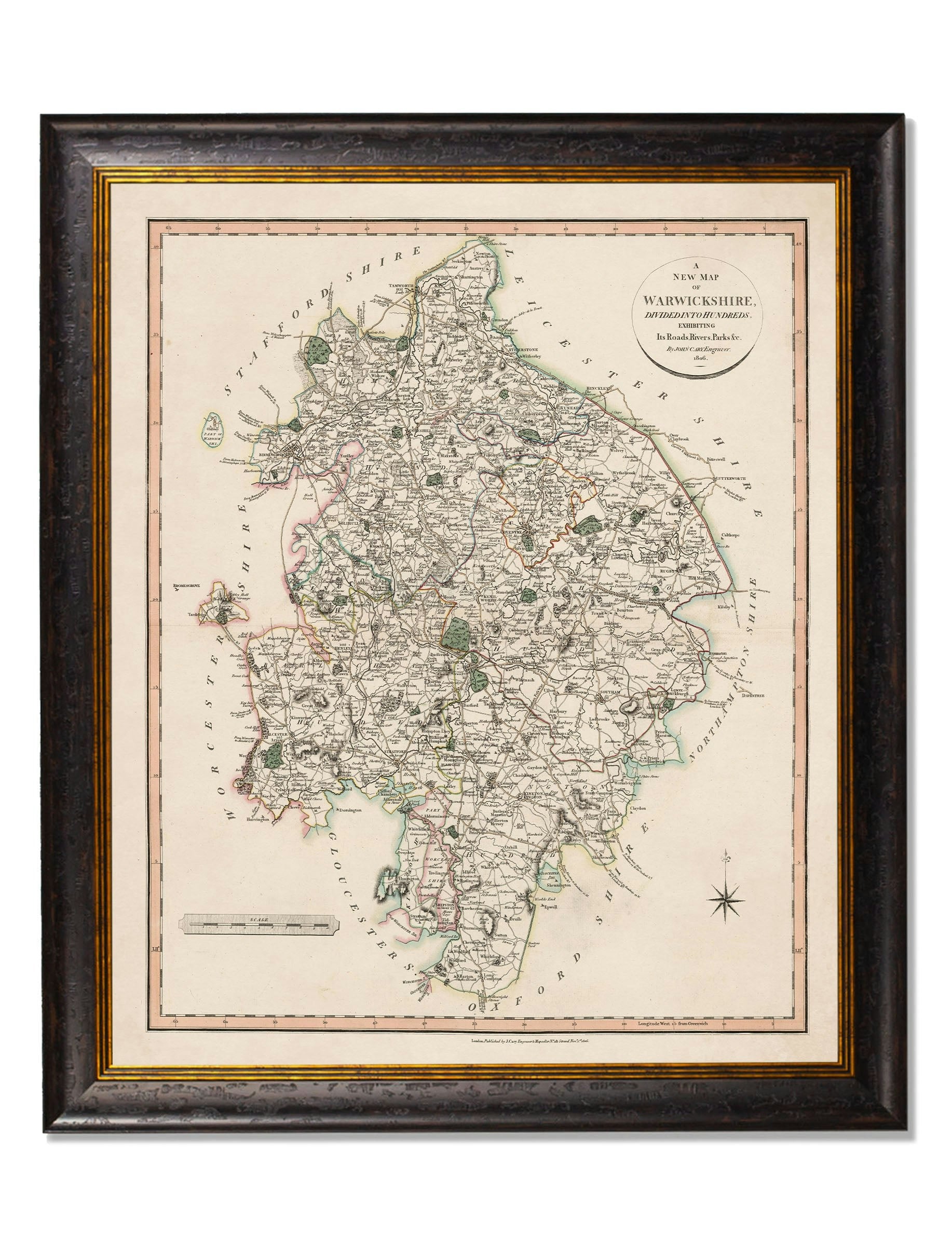 Rackhams Black C.1806 County Maps Of England - 84 X 70Cm - Warwickshire