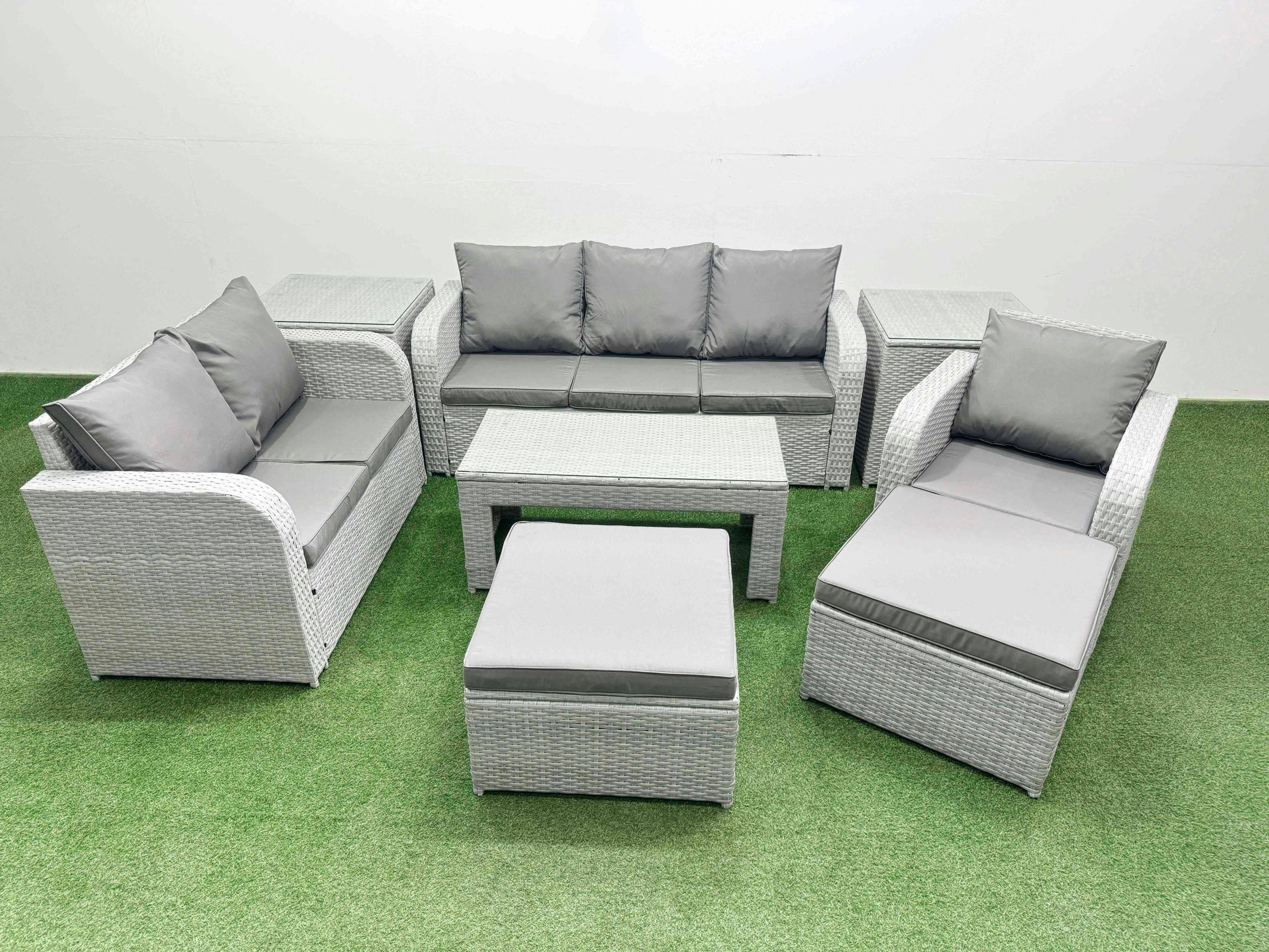 Fimous Light/Grey/Dark 8 Seater Garden Sofa Set, Wicker Rattan Furniture, Coffee Table, Reclining Chair, Loveseat, 3 Seater Sofa, 2 Big Footstools And 2 Side Tables