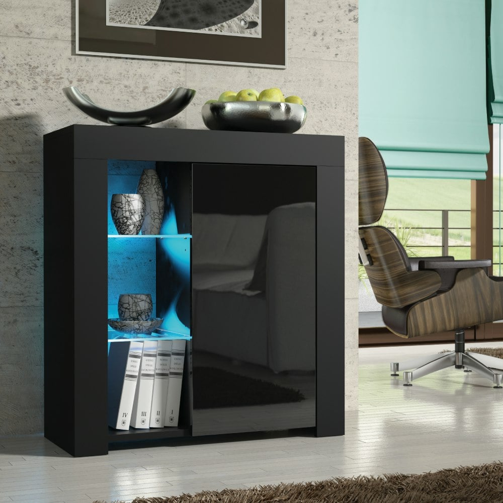 Mex Furniture Black Distinctive 83Cm Cabinet Cupboard Sideboard With High Gloss Doors And Free Led Lights - Mdf/Chipboard - Matt Body & Gloss Door 83 Cm
