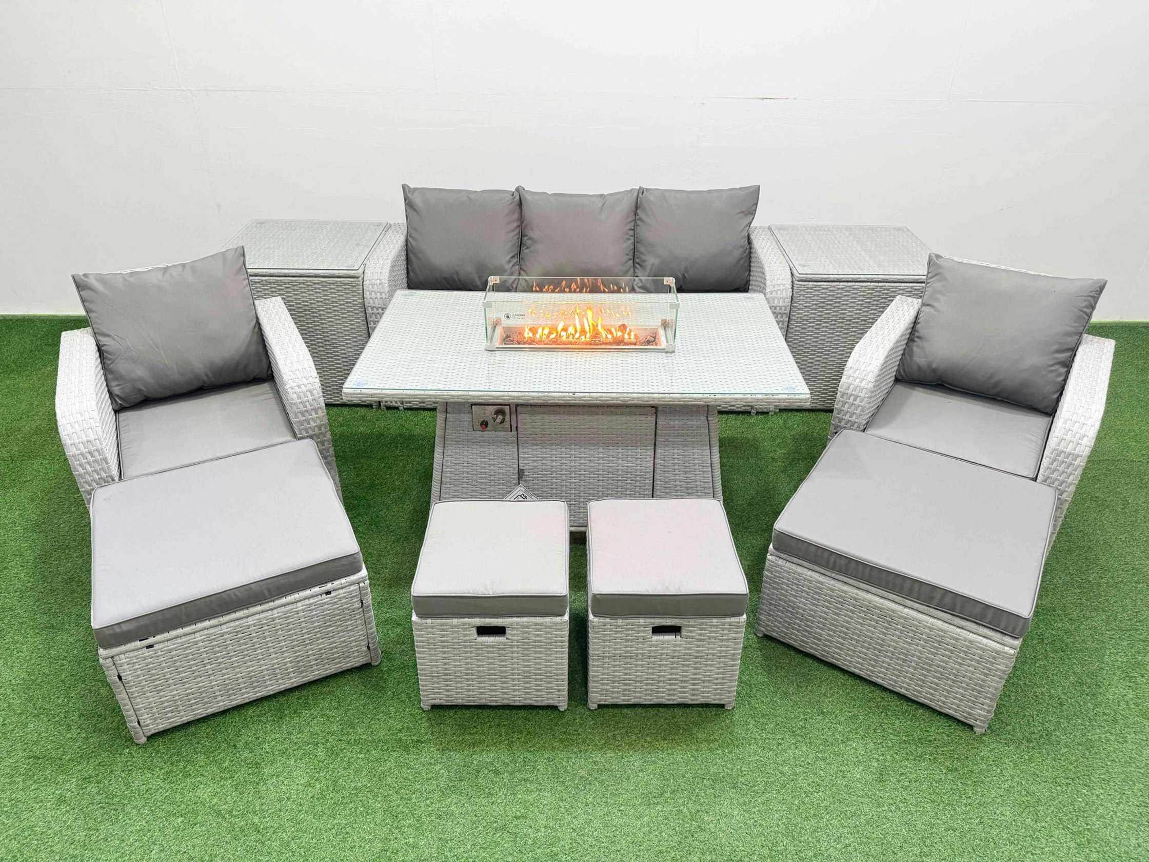 Rackhams Light/Grey Pe Rattan Lounge Sofa Set 9 Seater Outdoor Garden Furniture Set With Gas Fire Pit Table 3 Seater Sofa 2 Big Footstools 2 Side Tables