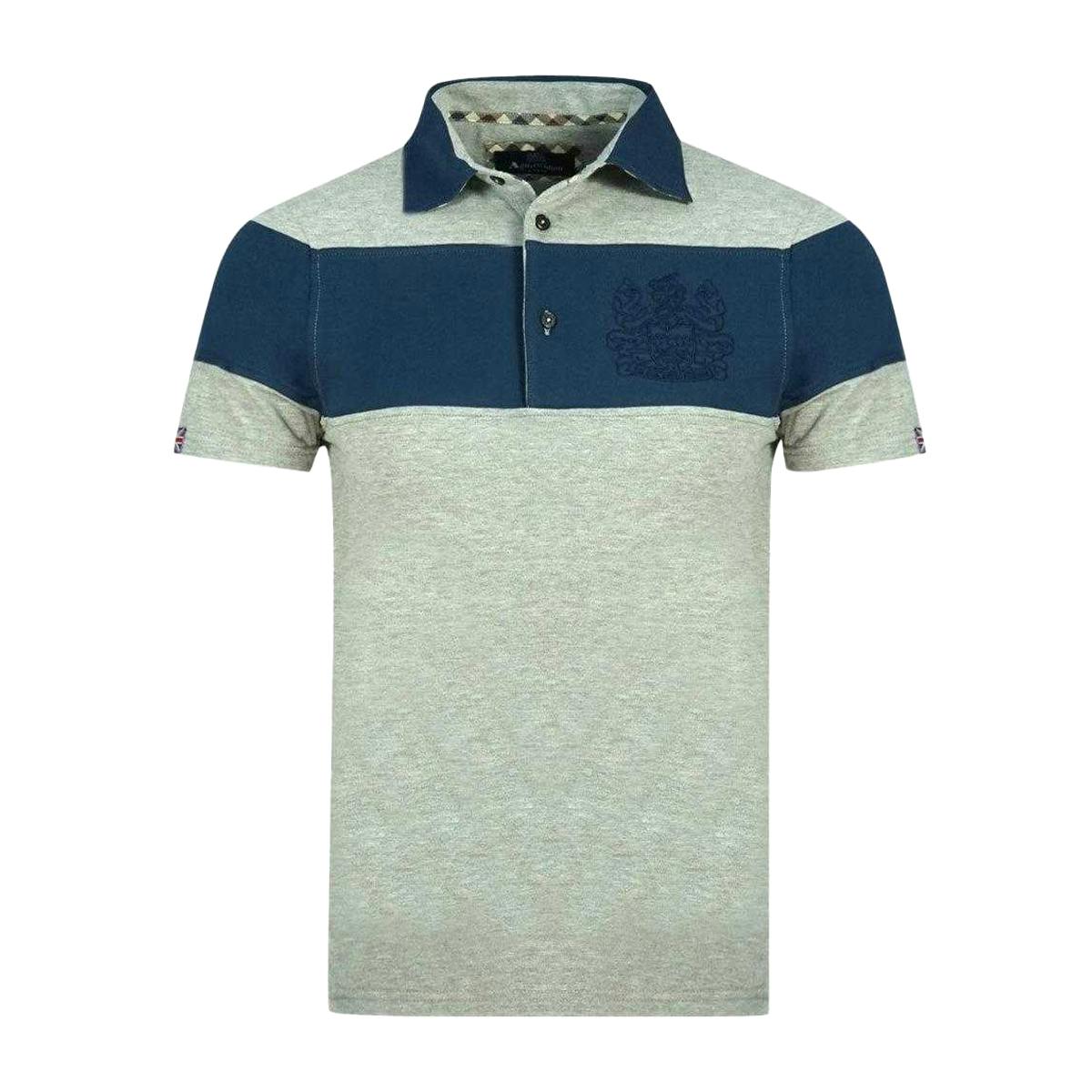 Aquascutum Men's Grey/Blue Aldis Colour Block Logo Polo Shirt - S - 95% Cotton/5% Elastane