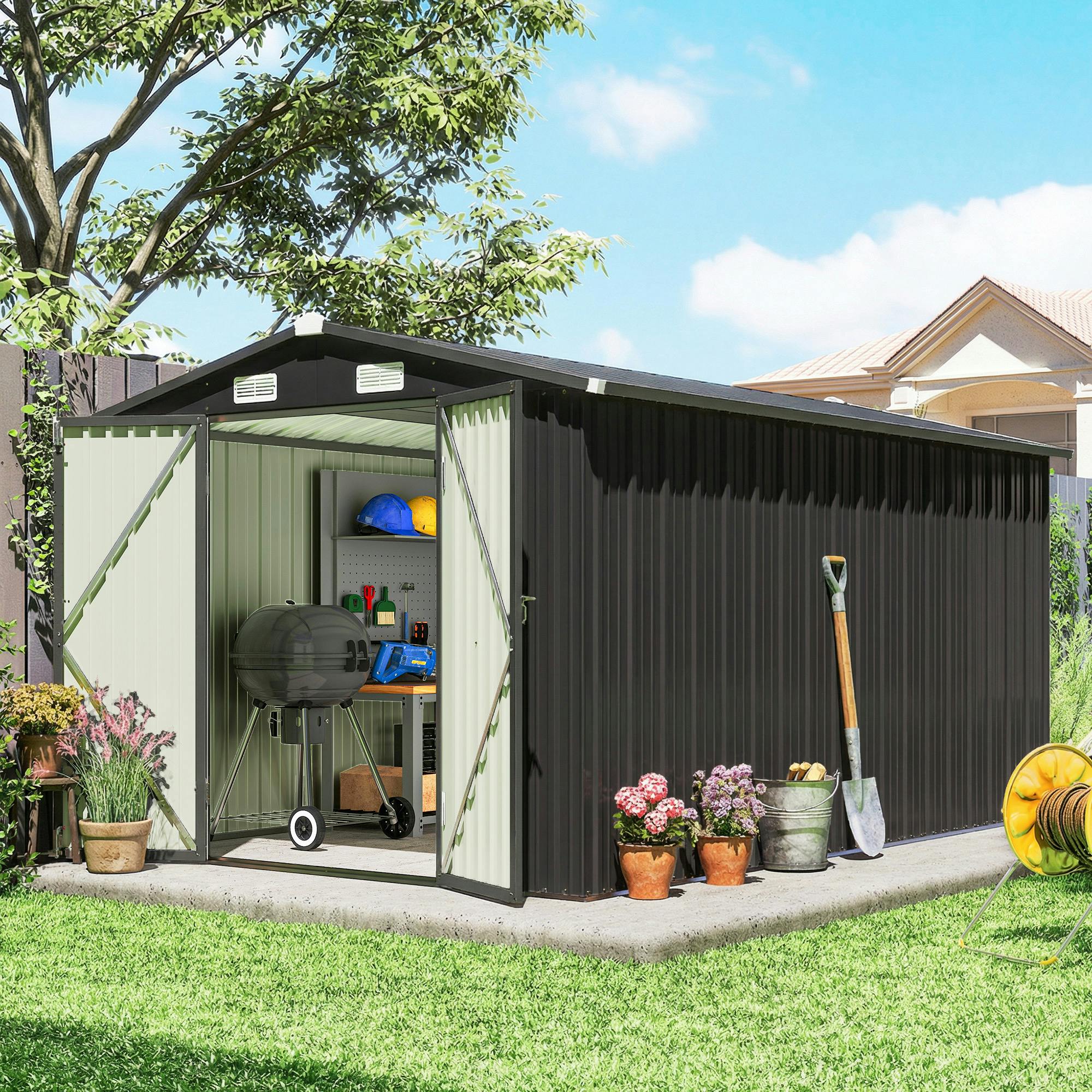 Outsunny Dark/Grey 12 X 8 Ft Garden Shed, Outdoor Storage Shed With 4 Vents - Galvanised Steel - 364 X 238 X 194 Cm