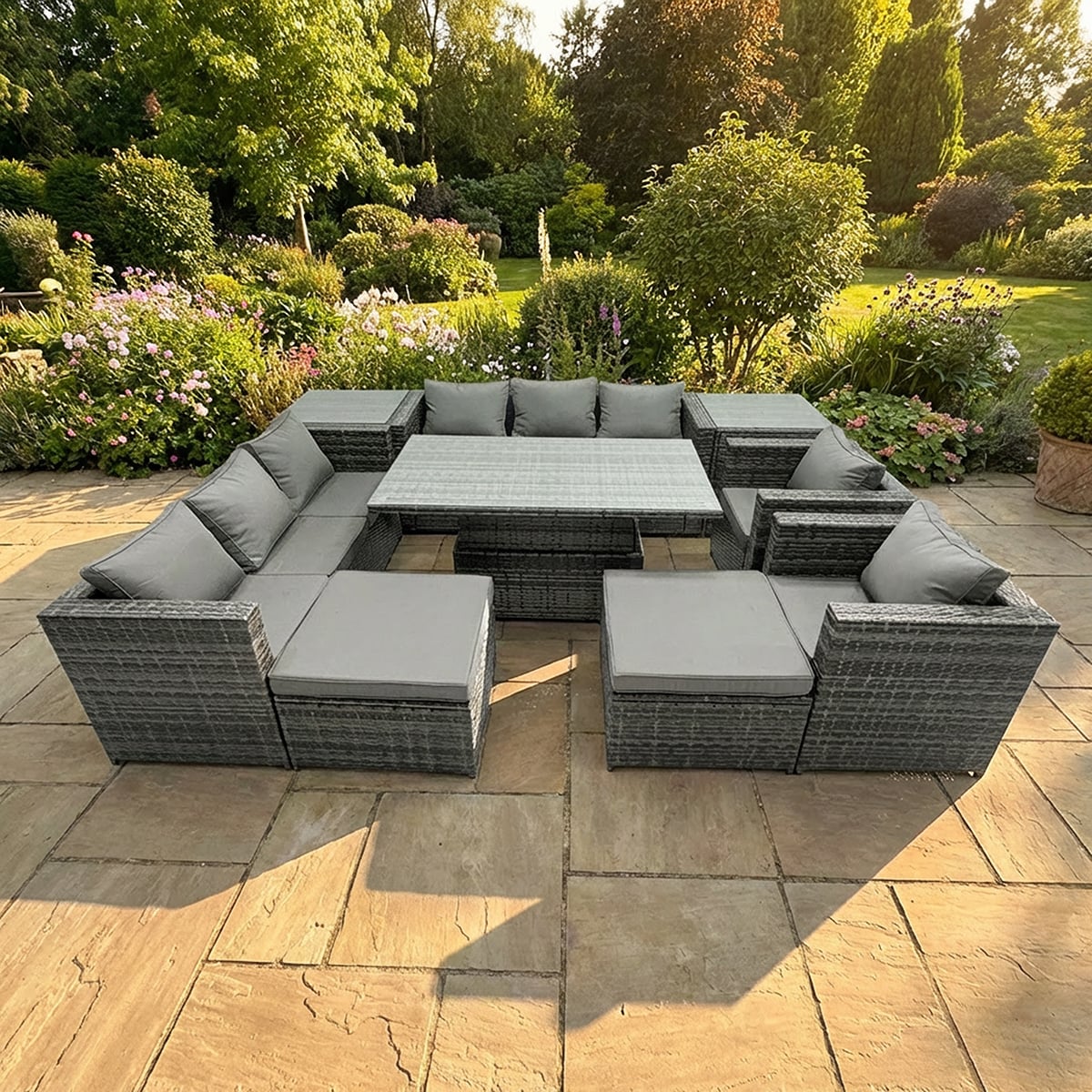 Rackhams Dark/Grey 10 Seater Rattan Garden Furniture Set With Dining Table, 2 Sofas, 2 Side Tables, 2 Armchair, 2 Stools - Mixed