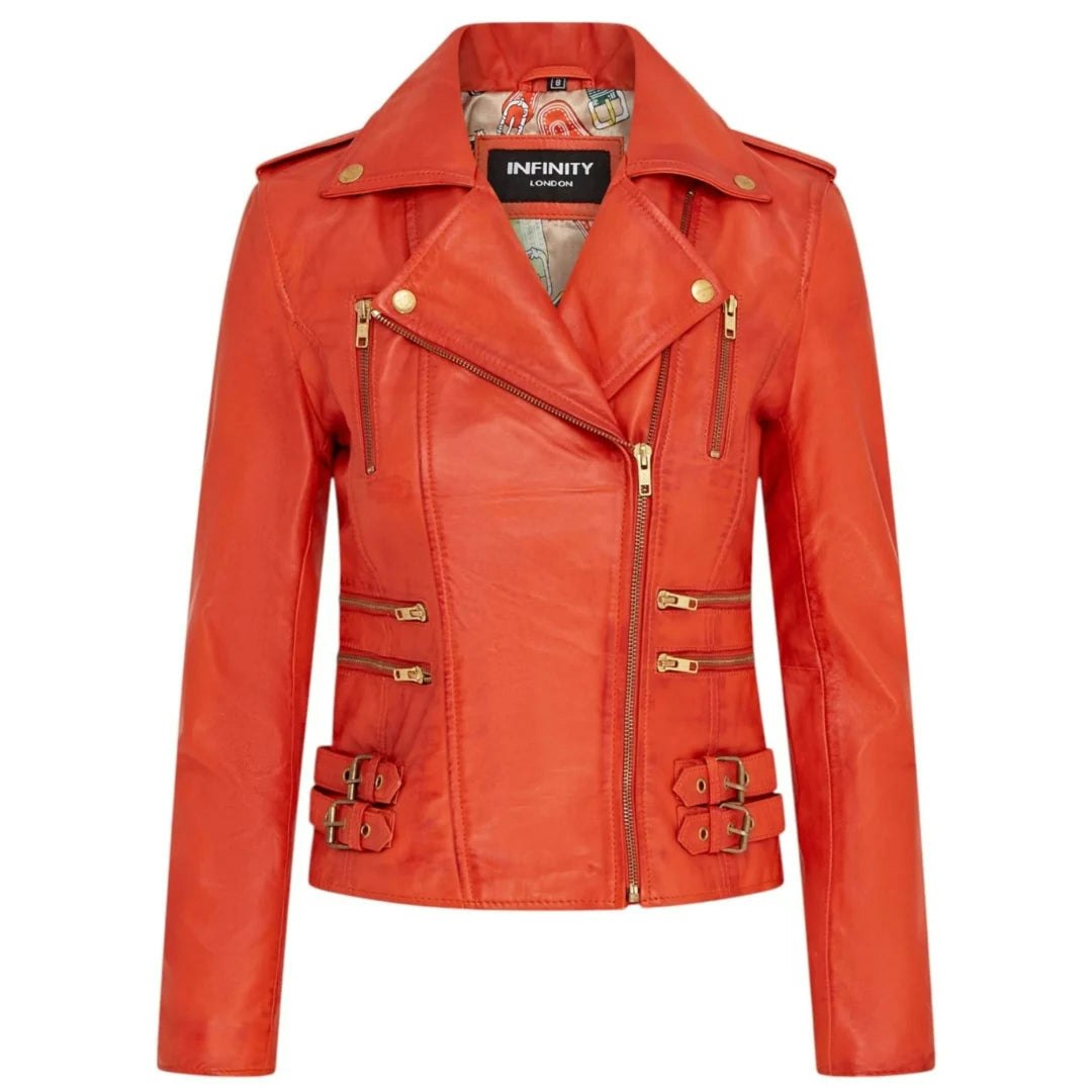 Infinity Leather Women's Orange Leather Company Real Lamb Nappa Leather Vintage Biker Jacket - Uk 20