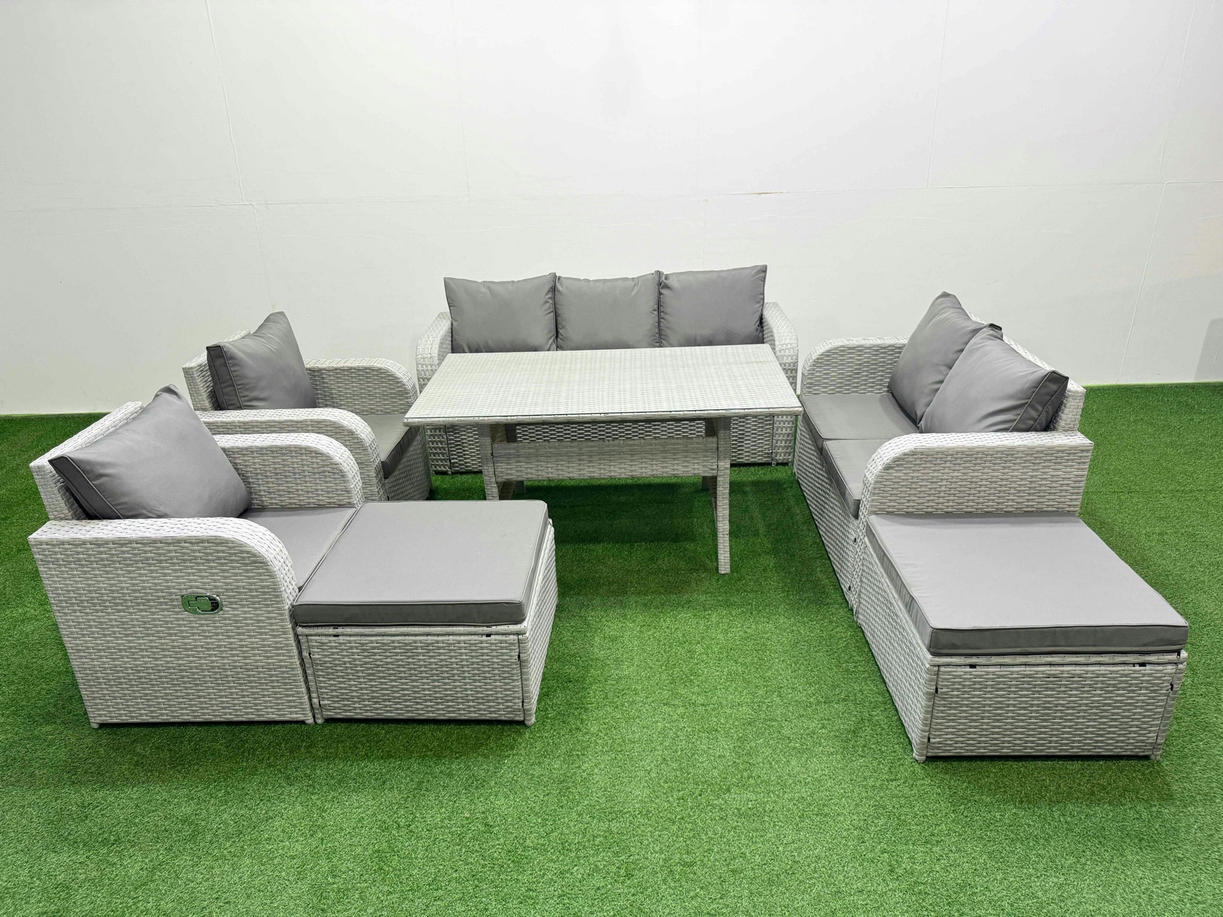 Fimous Light/Grey Pe Rattan Outdoor Lounge Set - Reclining Chair, Double Loveseat, Rectangular Dining Table & 2 Big Footstools