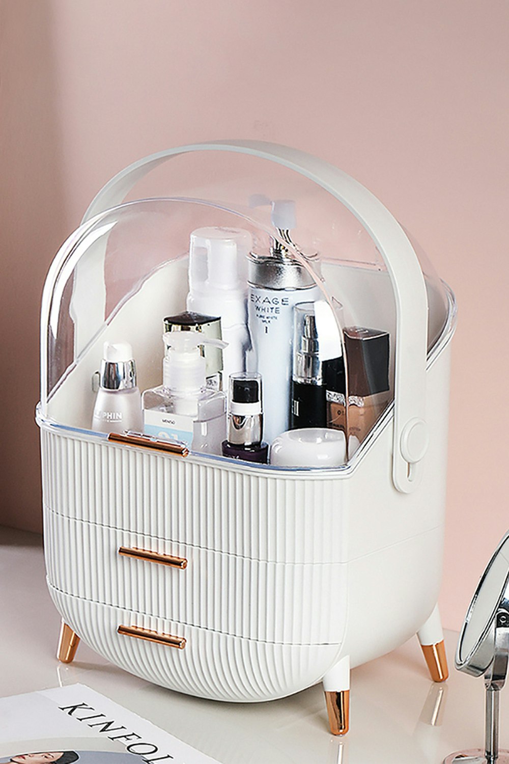 Living And Home White Cosmetic Organiser Skincare Display Box With 2 Layers Of Storage & Transparent Lid Elegant Makeup Storage Box With Drawers & Handle