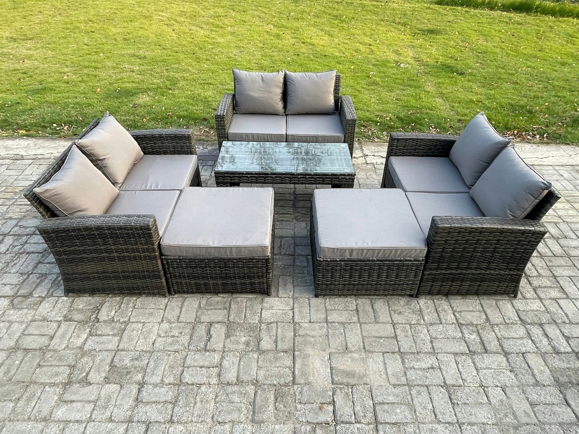Fimous Dark/Grey 8 Seater High Back Rattan Garden Furniture Sofa Sets With Rectangular Coffee Table 2 Big Footstool Mixed