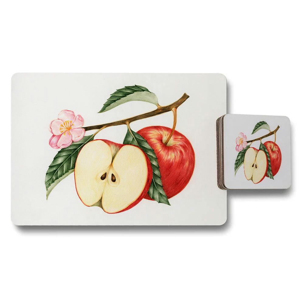 Benjamin Tate Design Light/Red/Green Apple Botanical Placemat And Coaster Set With Floral Branch Design