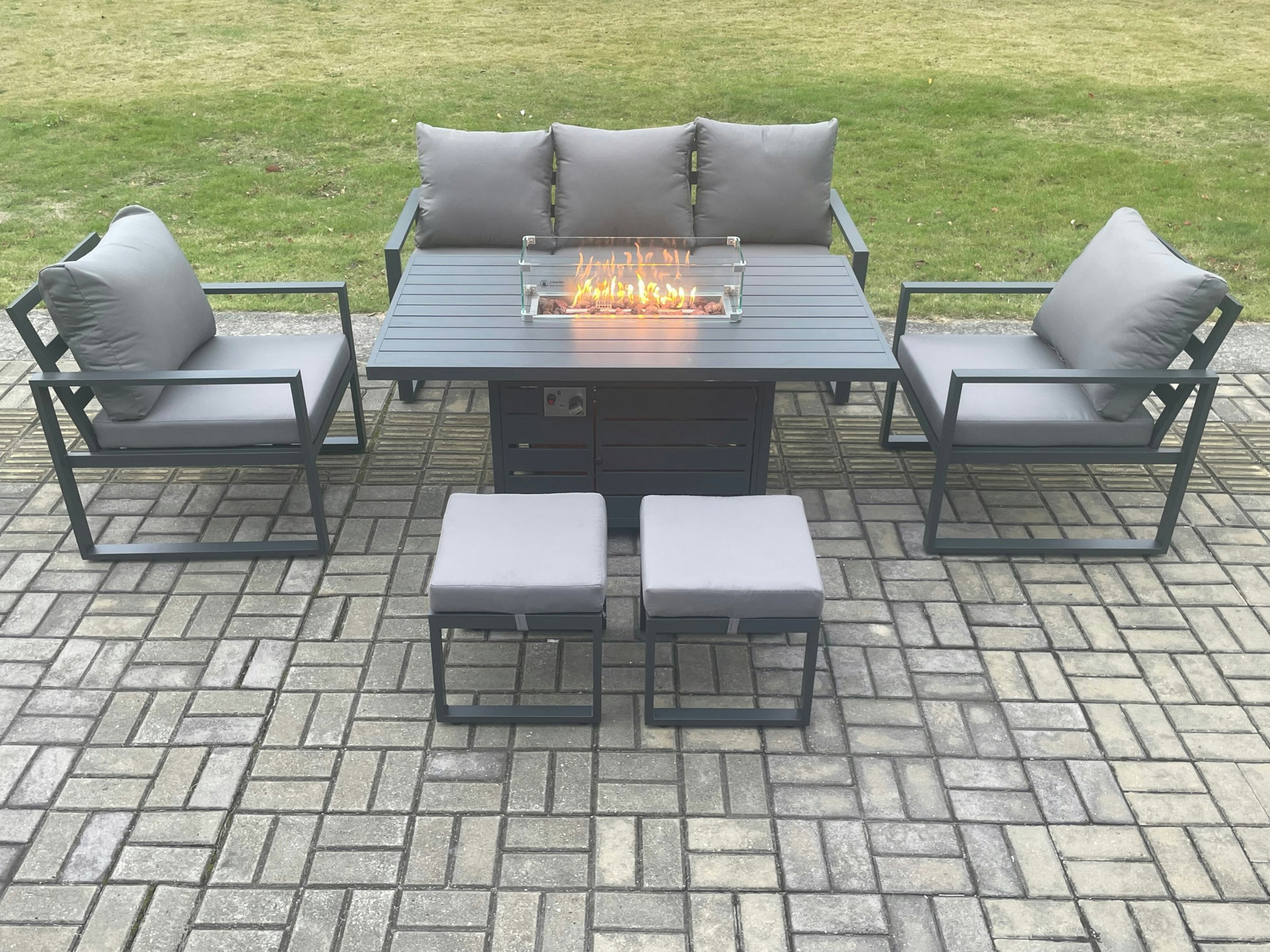 Rackhams Dark/Grey Aluminium Outdoor Garden Furniture Set Gas Fire Pit Dining Table Set Gas Heater Burner With 2 Arm Chair 2 Small Footstools 7 Seater