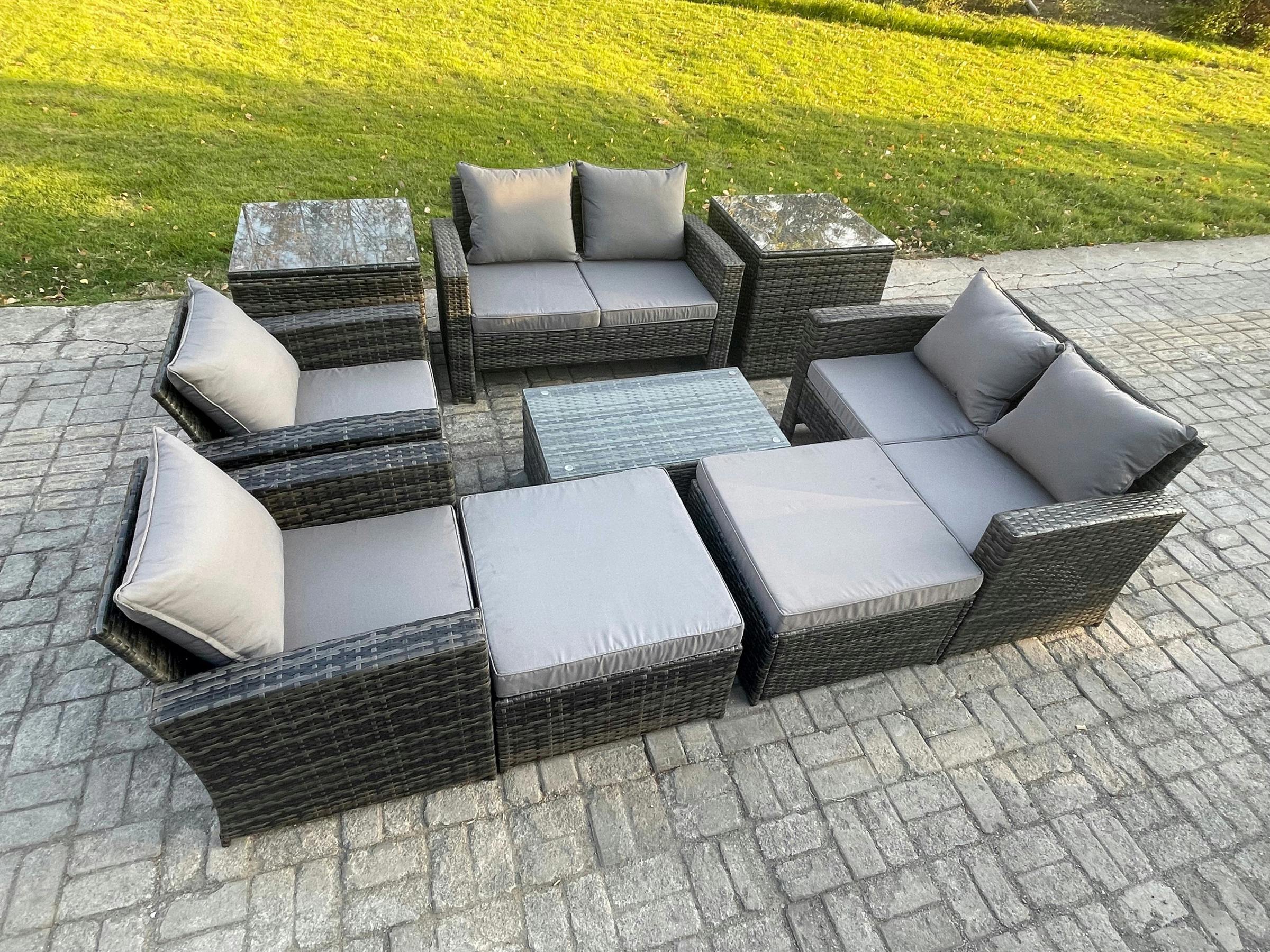 Fimous Dark/Grey 9 Pieces Garden Set, Rattan, Manual Wicker Patio Sofa Chair, Coffee Table, 2 Big Footstools And 2 Side Tables, Mixed