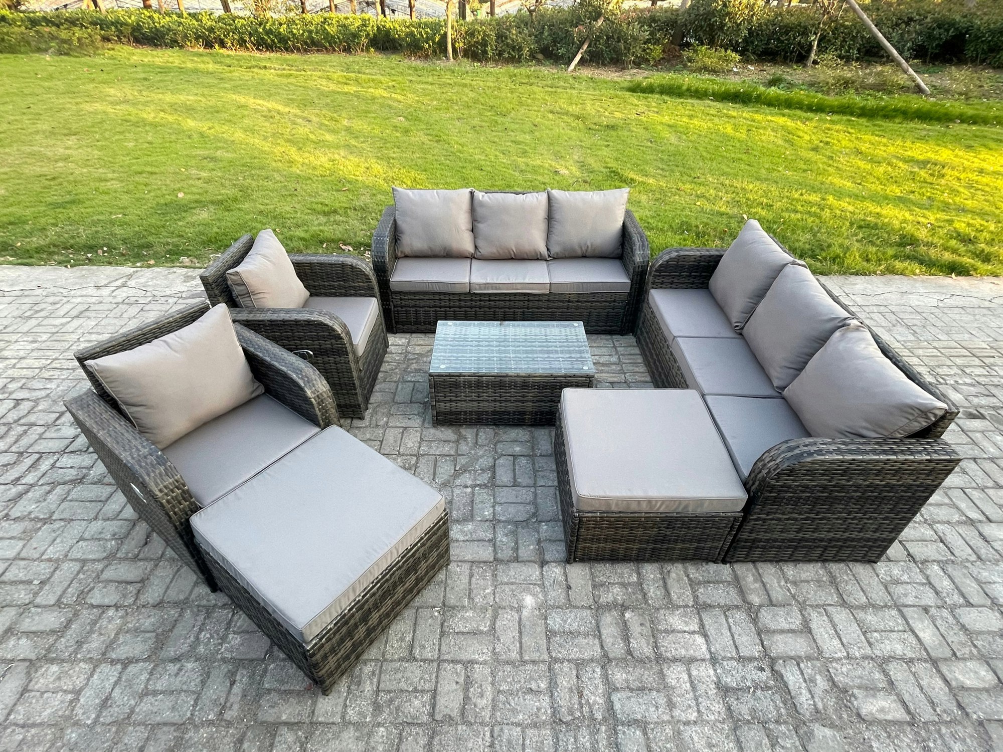 Fimous Dark/Grey Wicker Pe Rattan Garden Furniture Set 10 Seater Outdoor Lounge Sofa Set With Coffee Table 2 Big Footstool Mixed