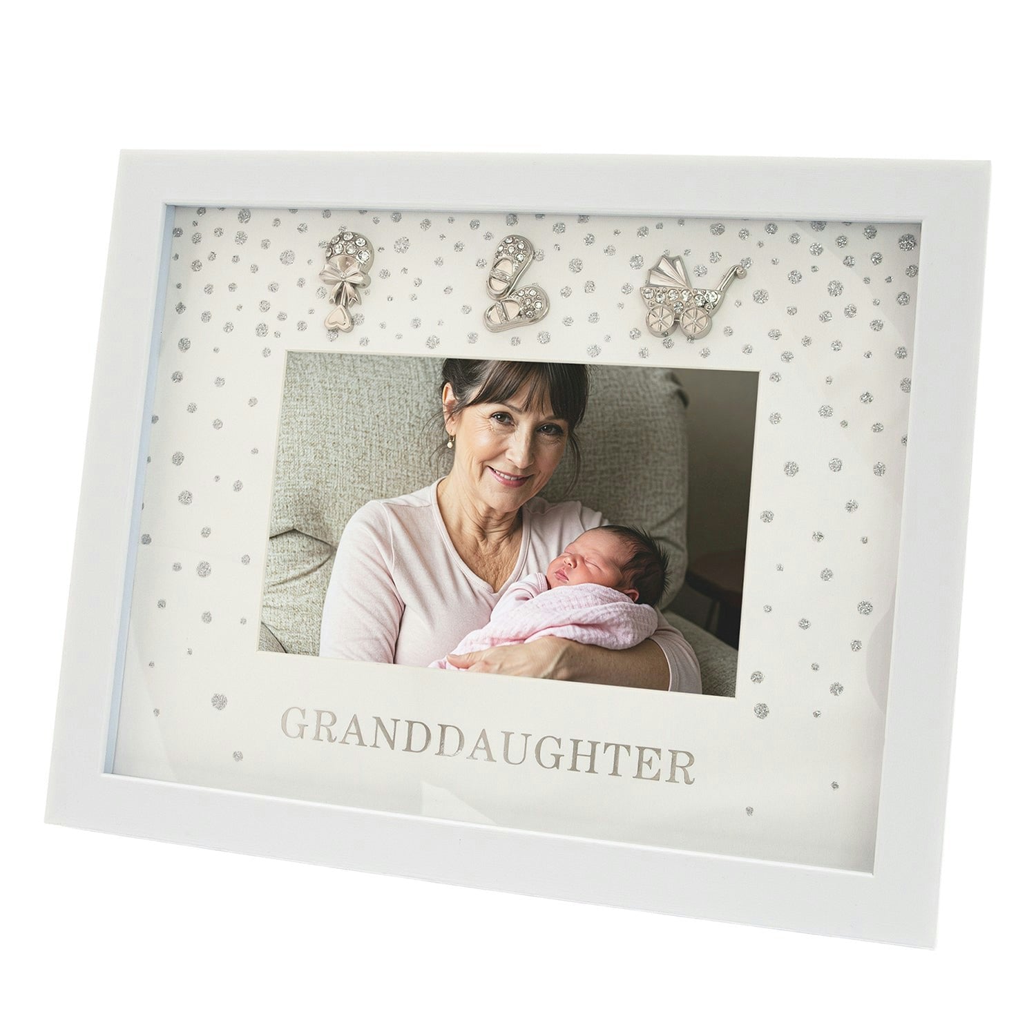 Happy Homewares White/Silver Modern Granddaughter 4X6 Frame With Foil Falling Dots Size 4