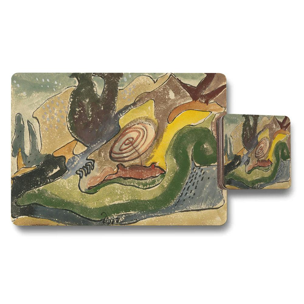 Rackhams Green/Yellow/Blue Abstract Art Placemat And Coaster Set Colorful Landscape Design