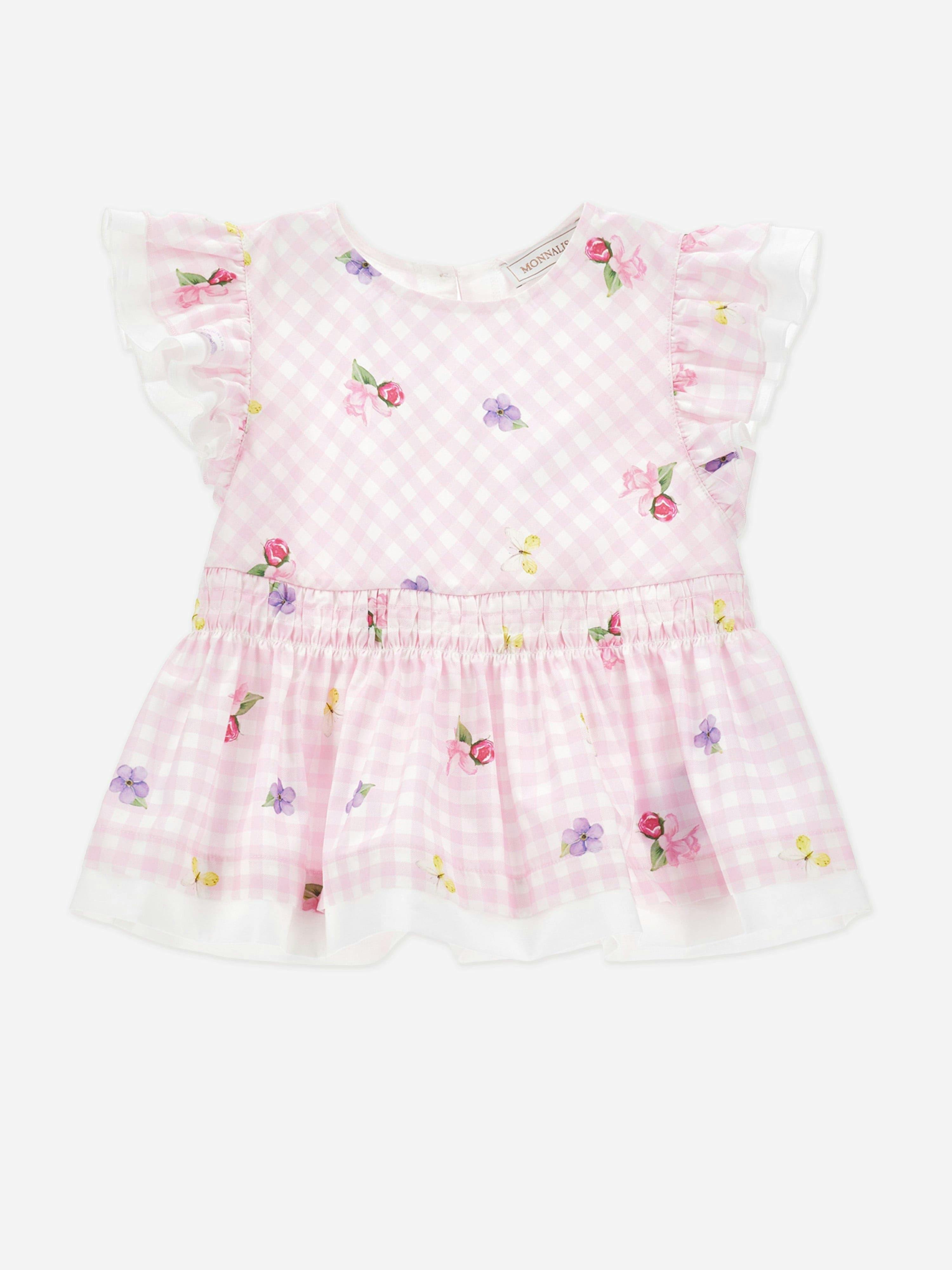 Monnalisa Girls Pink Floral Gingham Top In - 2 Yrs