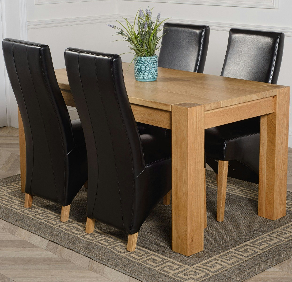 Rackhams Black Kuba Medium Oak Dining Table With Lola Leather Chairs - 4 Chairs